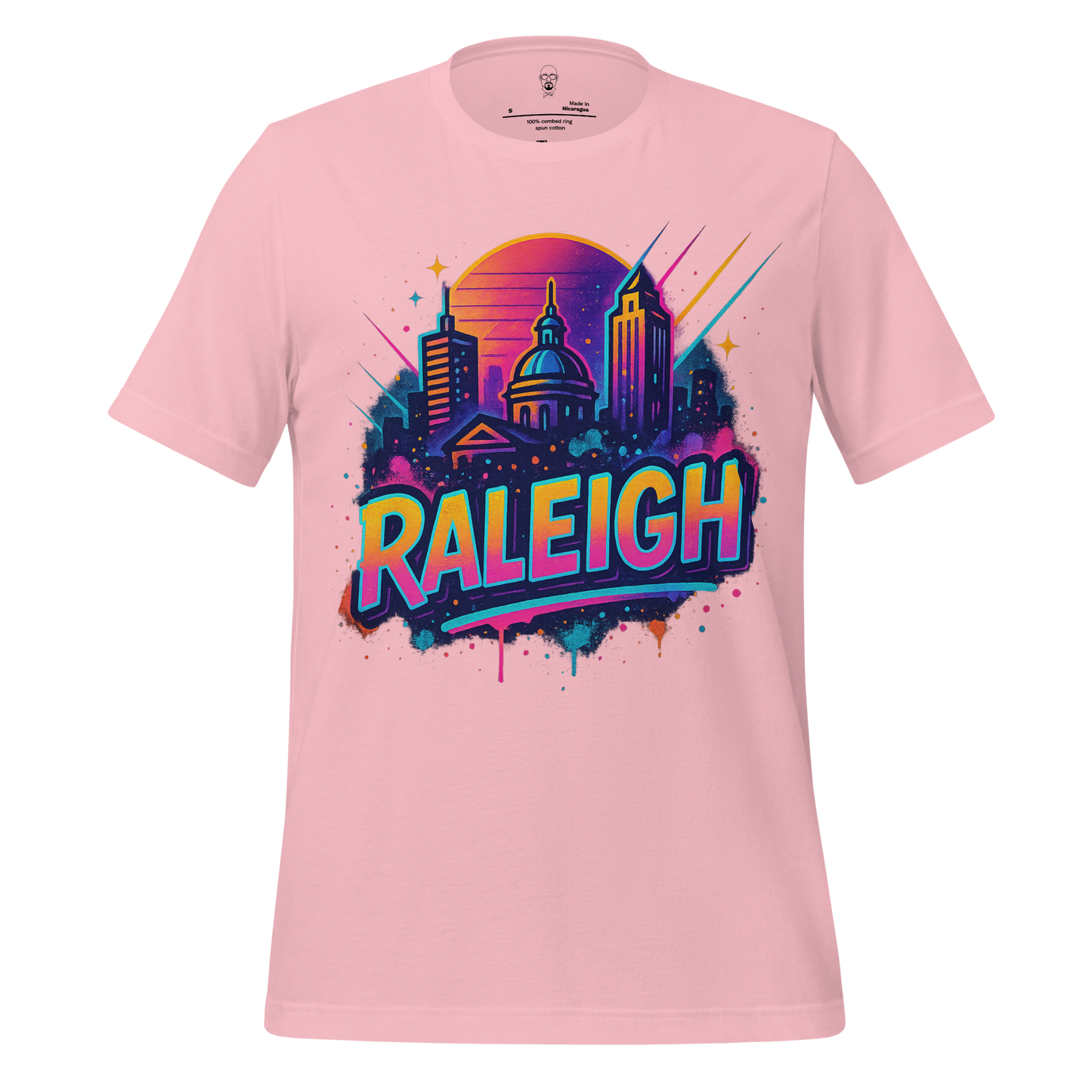 Pink Raleigh Graphic T-Shirt by JMK Drip with colorful city skyline and sunset design