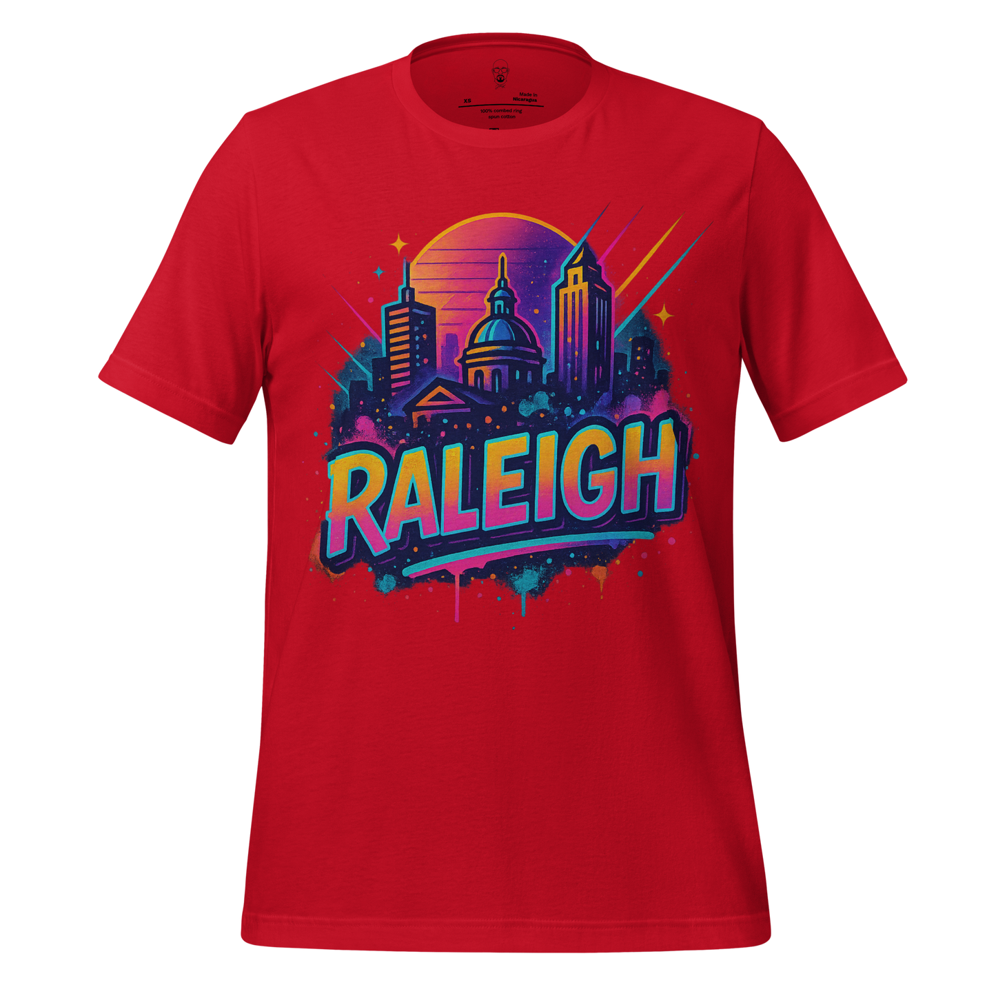 Red Raleigh Graphic T-Shirt by JMK Drip featuring colorful city skyline design