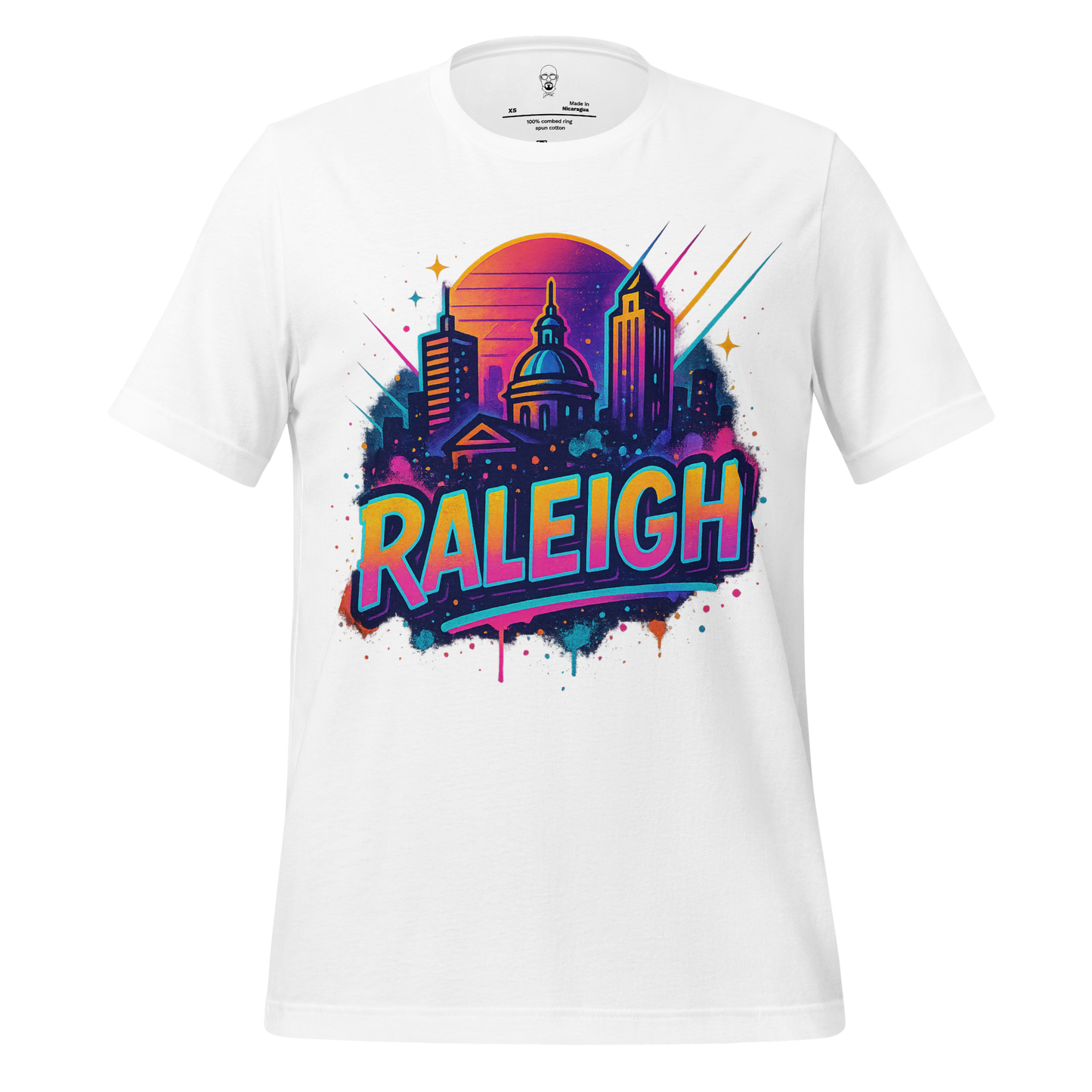 JMK Drip Raleigh Graphic T-Shirt featuring vibrant city skyline and colorful sunset design on white fabric