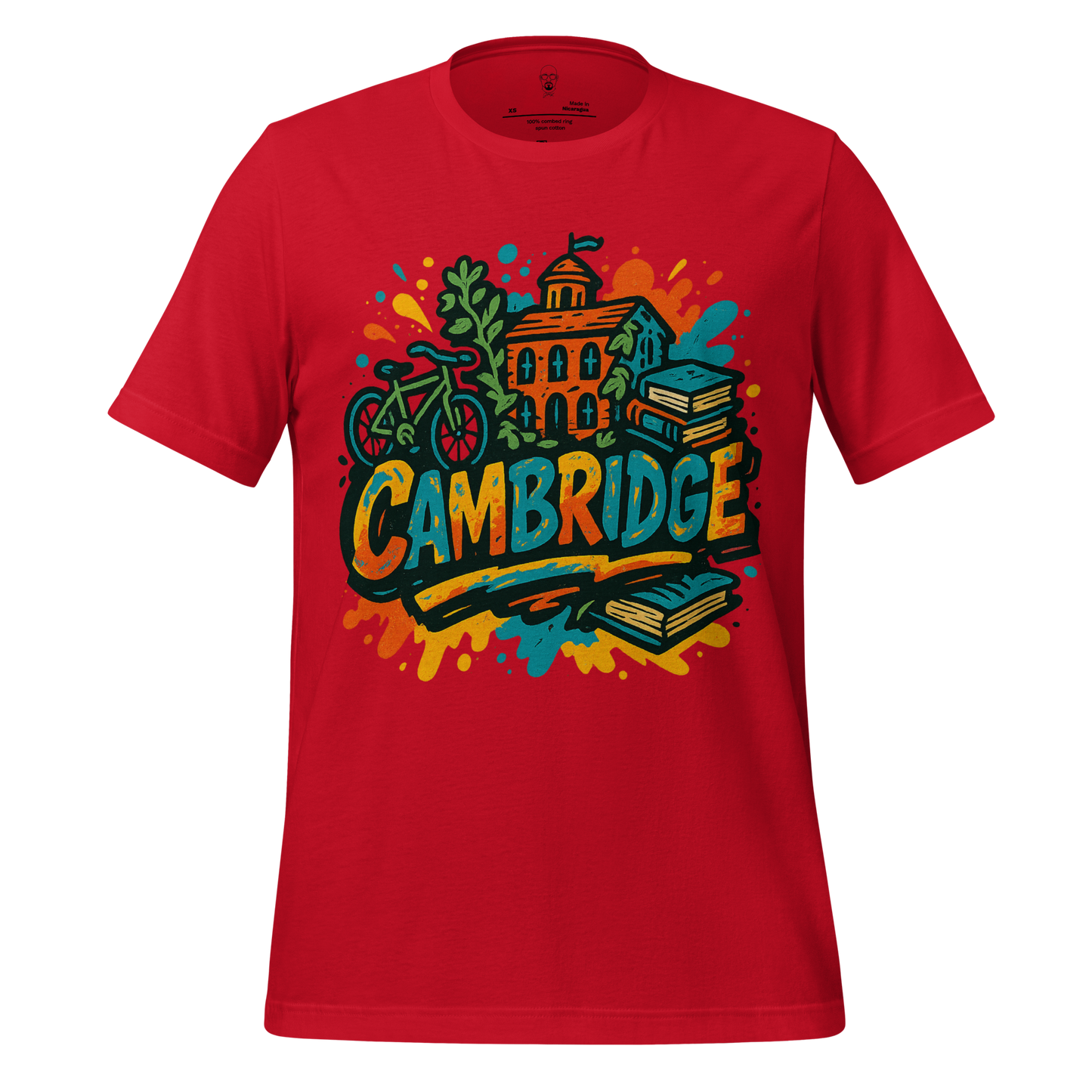 JMK Drip red Cambridge graphic t-shirt with colorful university design and bike illustration