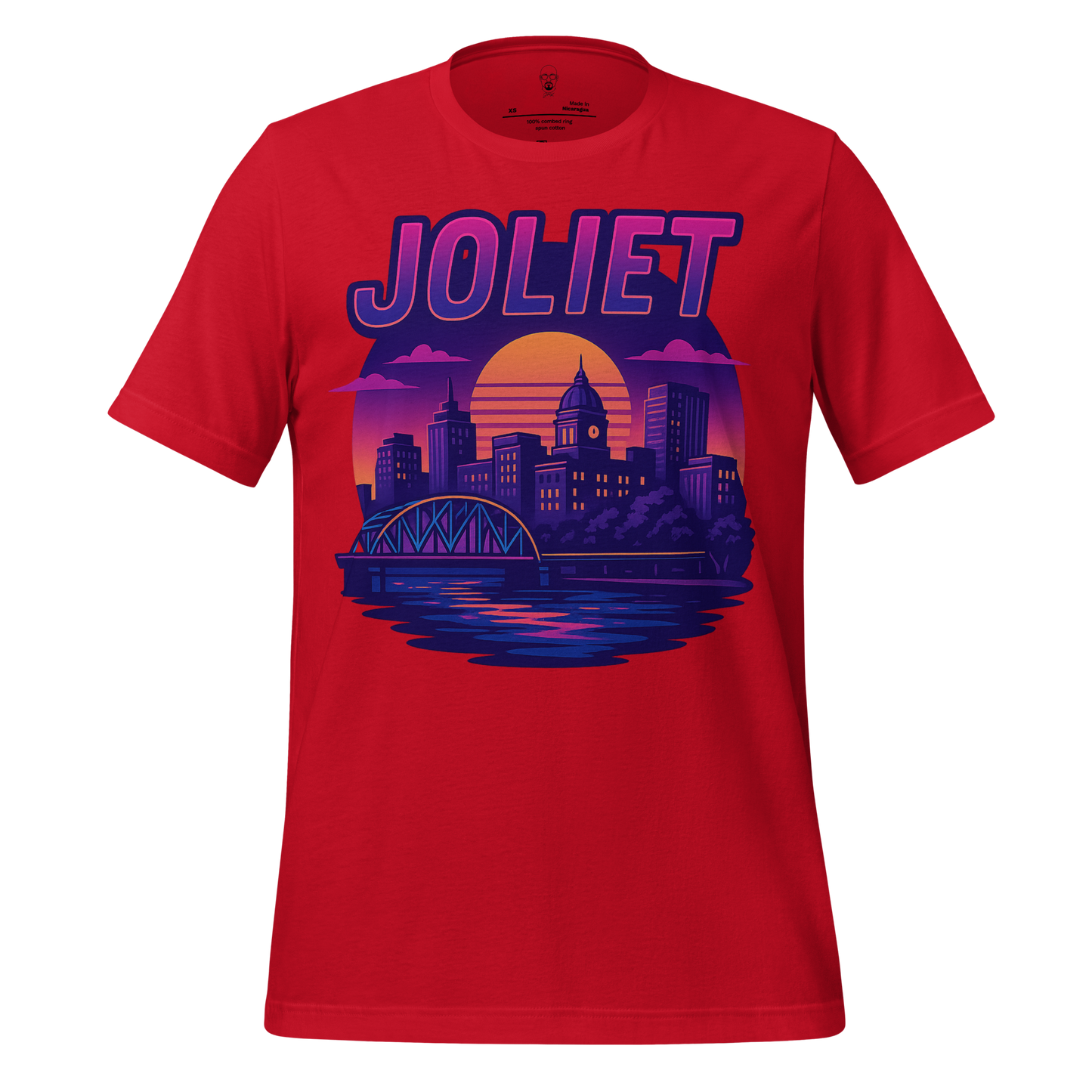 Red Joliet Graphic T-Shirt by JMK Drip featuring city skyline and sunset design