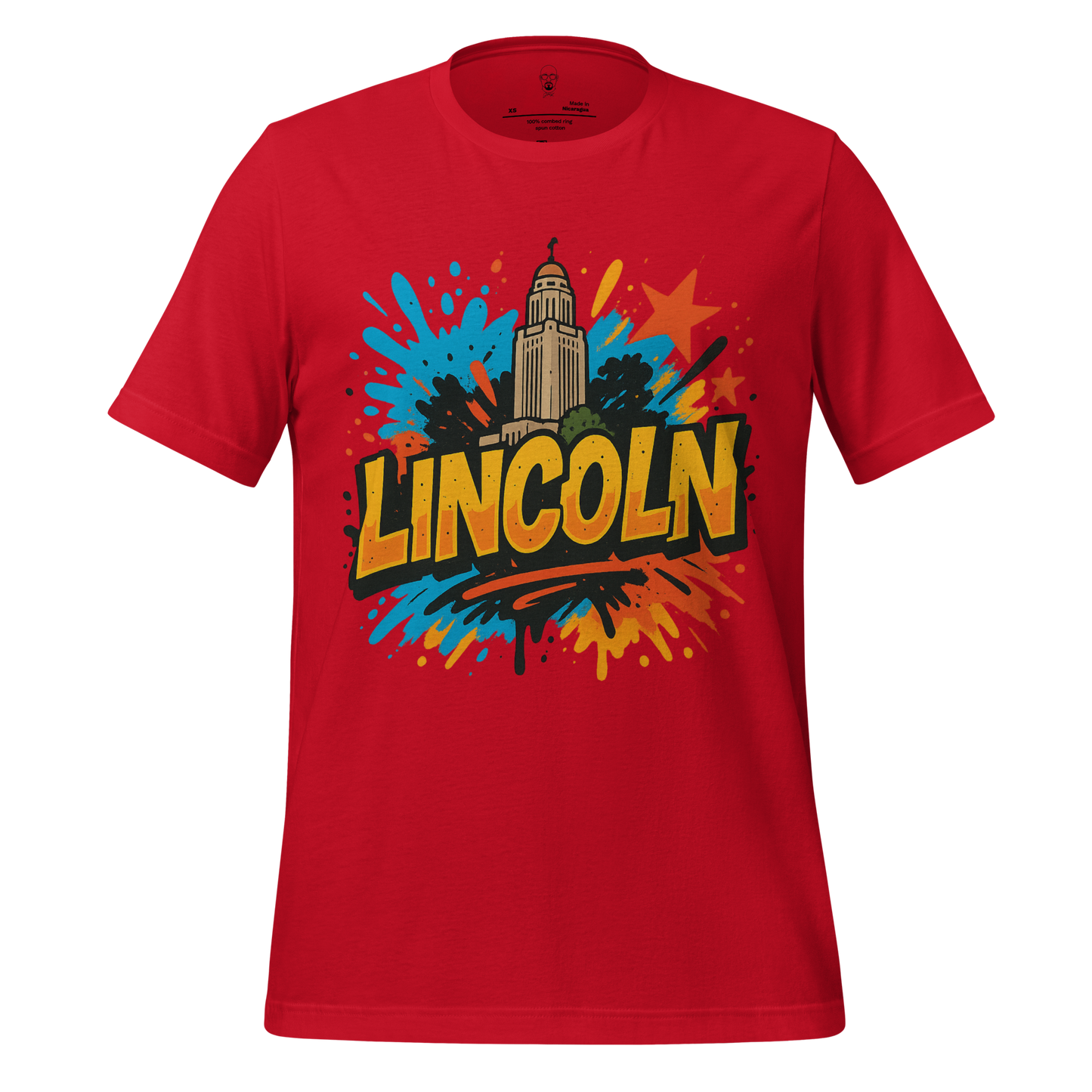 Red JMK Drip Lincoln Graphic T-Shirt featuring colorful splash design and Lincoln building illustration
