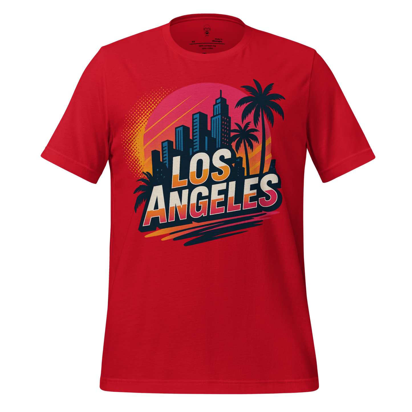 Red Los Angeles Graphic T-Shirt by JMK Drip with city skyline and palm tree design