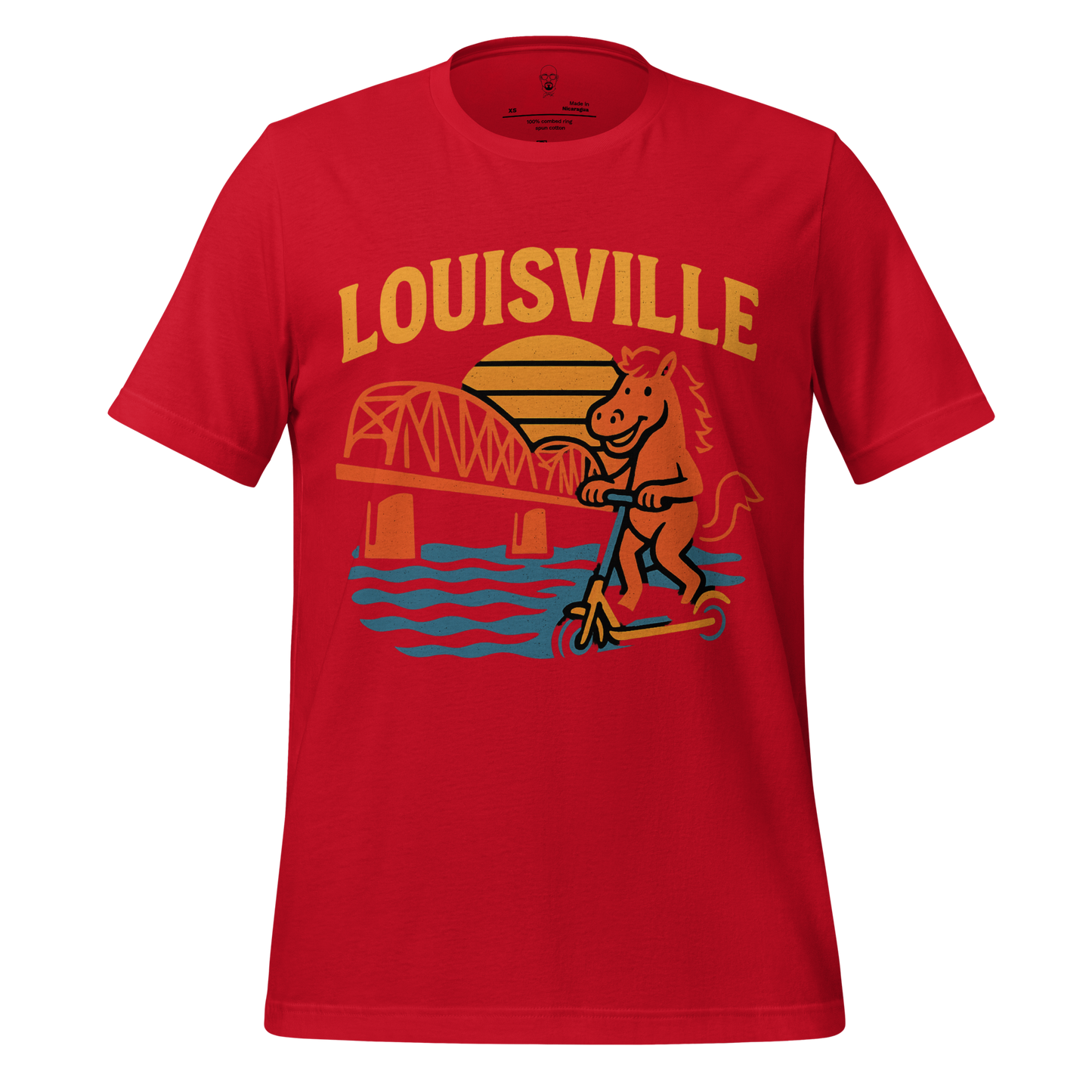 Red Louisville graphic t-shirt with cartoon horse riding scooter and city bridge design