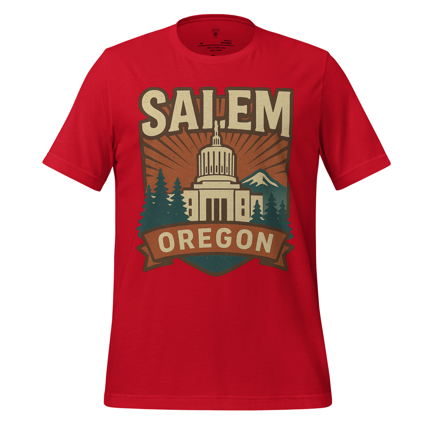 Red Salem Graphic T-Shirt featuring Oregon Capitol building with trees and mountain design