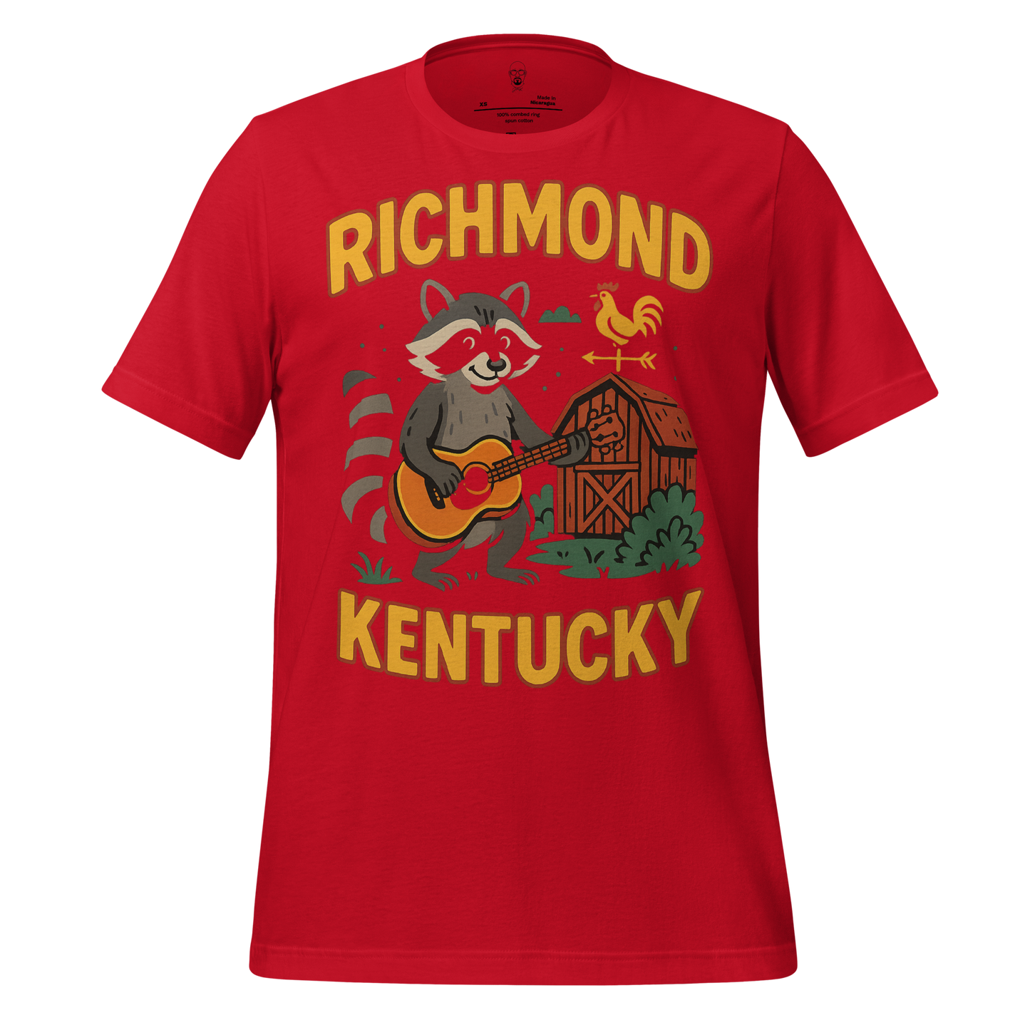Red Richmond Kentucky t-shirt featuring a raccoon playing guitar and a barn with a weather vane