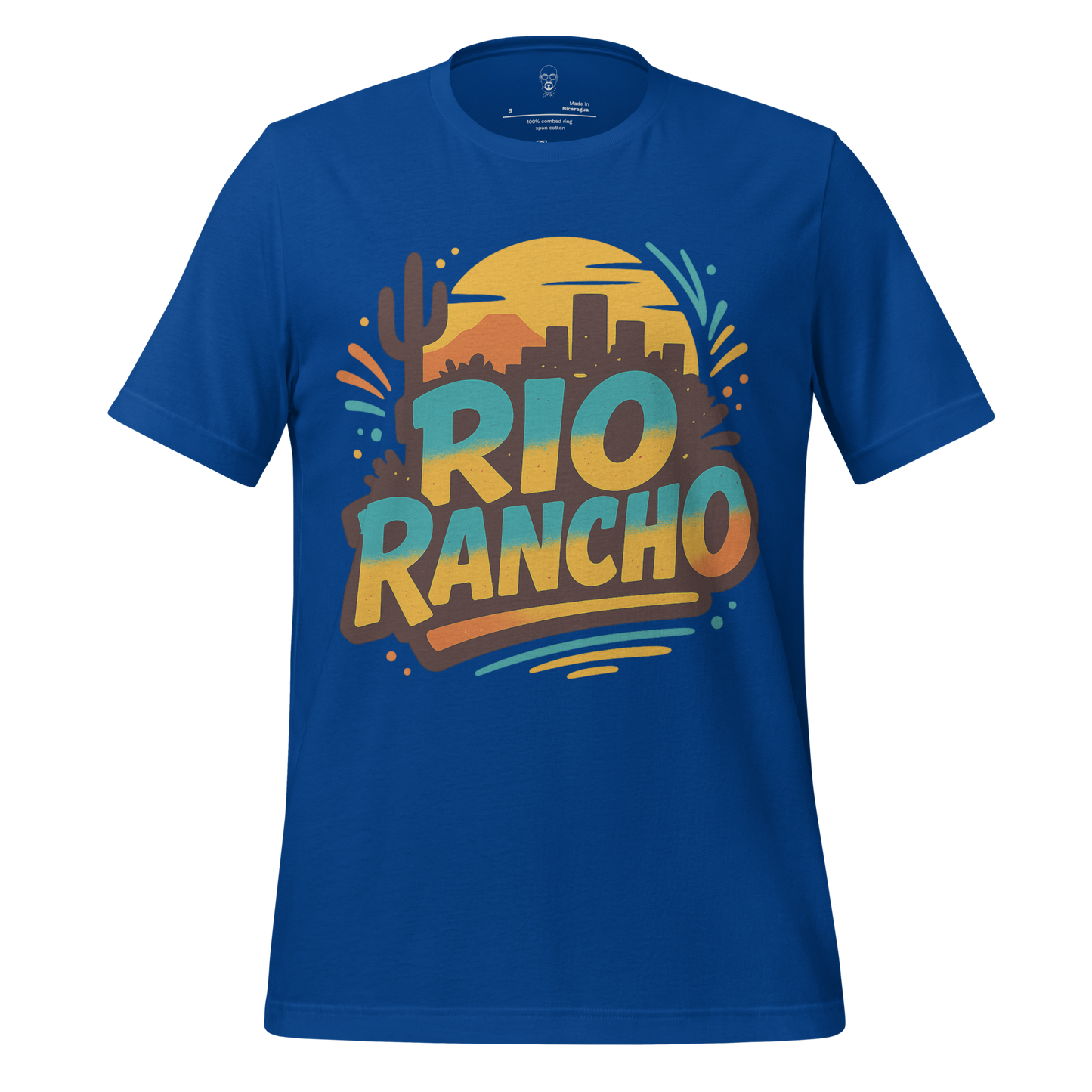 Blue Rio Rancho Graphic T-Shirt with colorful desert and city skyline design by JMK Drip