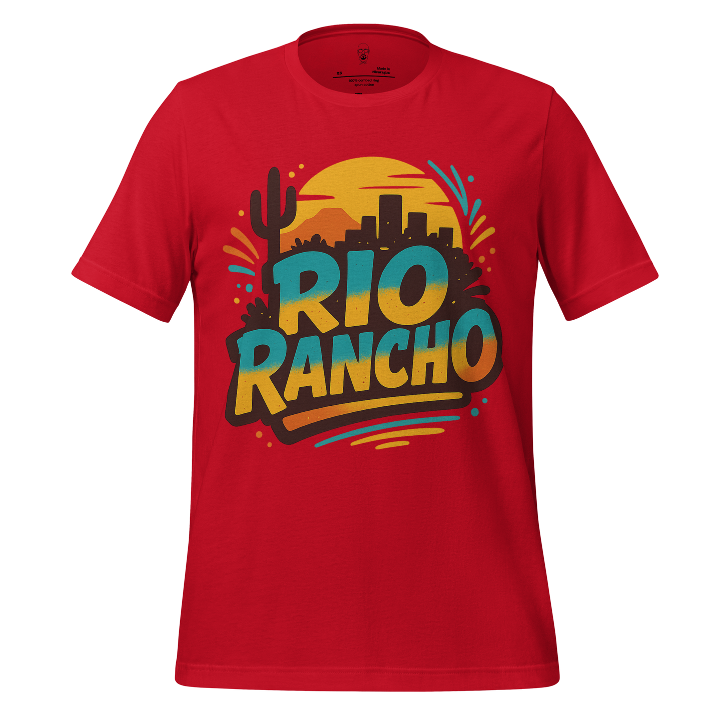 Red Rio Rancho Graphic T-Shirt with colorful desert and city skyline design by JMK Drip