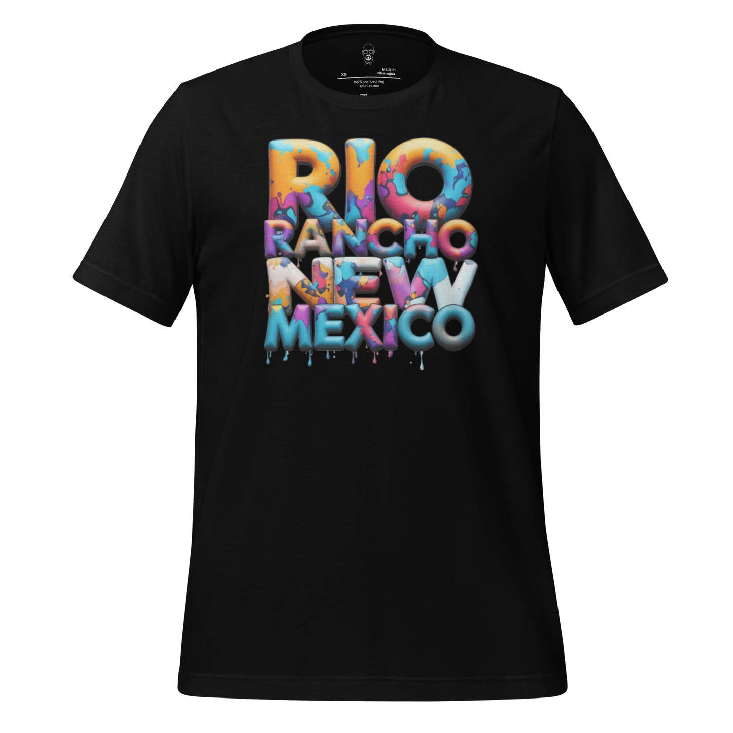 Black Rio Rancho t-shirt with colorful 3D graffiti style text design on front
