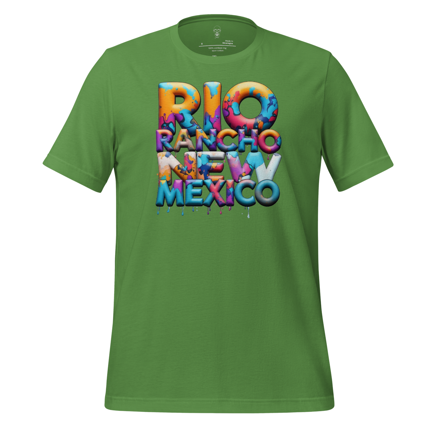 Green Rio Rancho t-shirt with colorful dripping paint design spelling Rio Rancho New Mexico