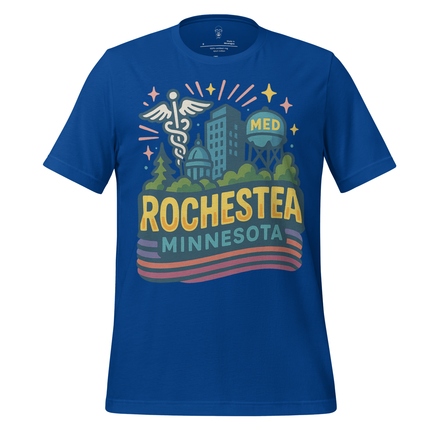 Blue Rochester Minnesota Graphic T-Shirt featuring city skyline and medical symbols by JMK Drip