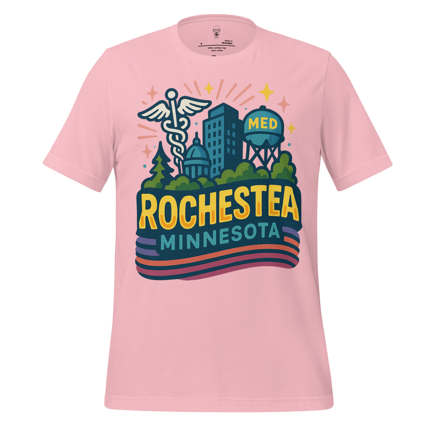 Pink Rochester Minnesota Graphic T-Shirt by JMK Drip featuring city skyline and medical symbols