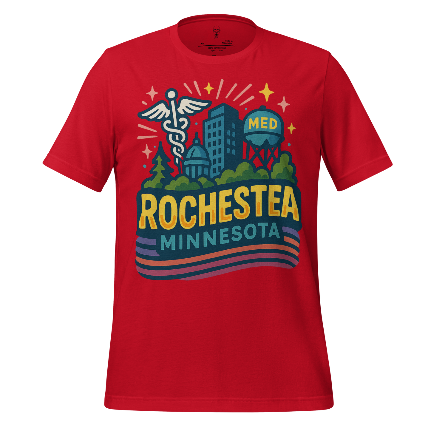 Red Rochester Minnesota Graphic T-Shirt with colorful cityscape and medical symbols design