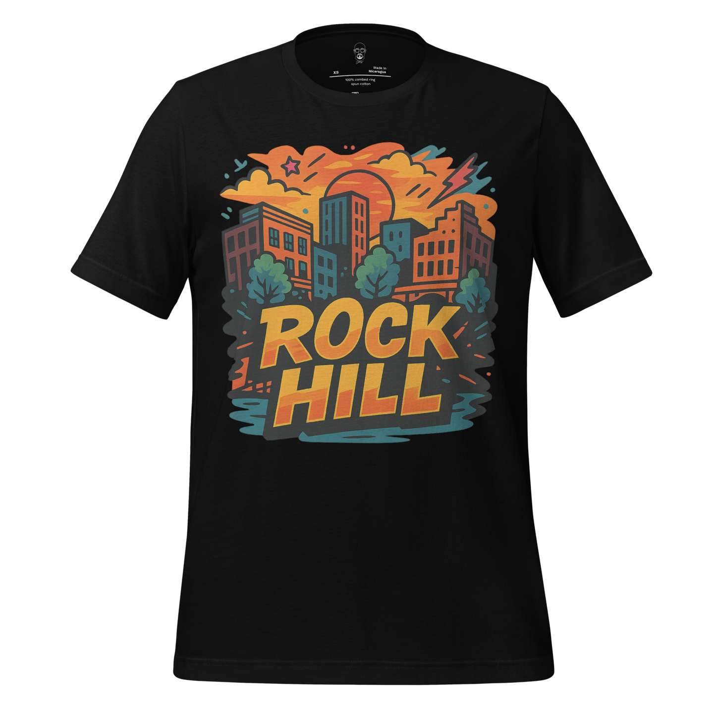 JMK Drip Rock Hill graphic t-shirt featuring colorful cityscape design on black cotton shirt