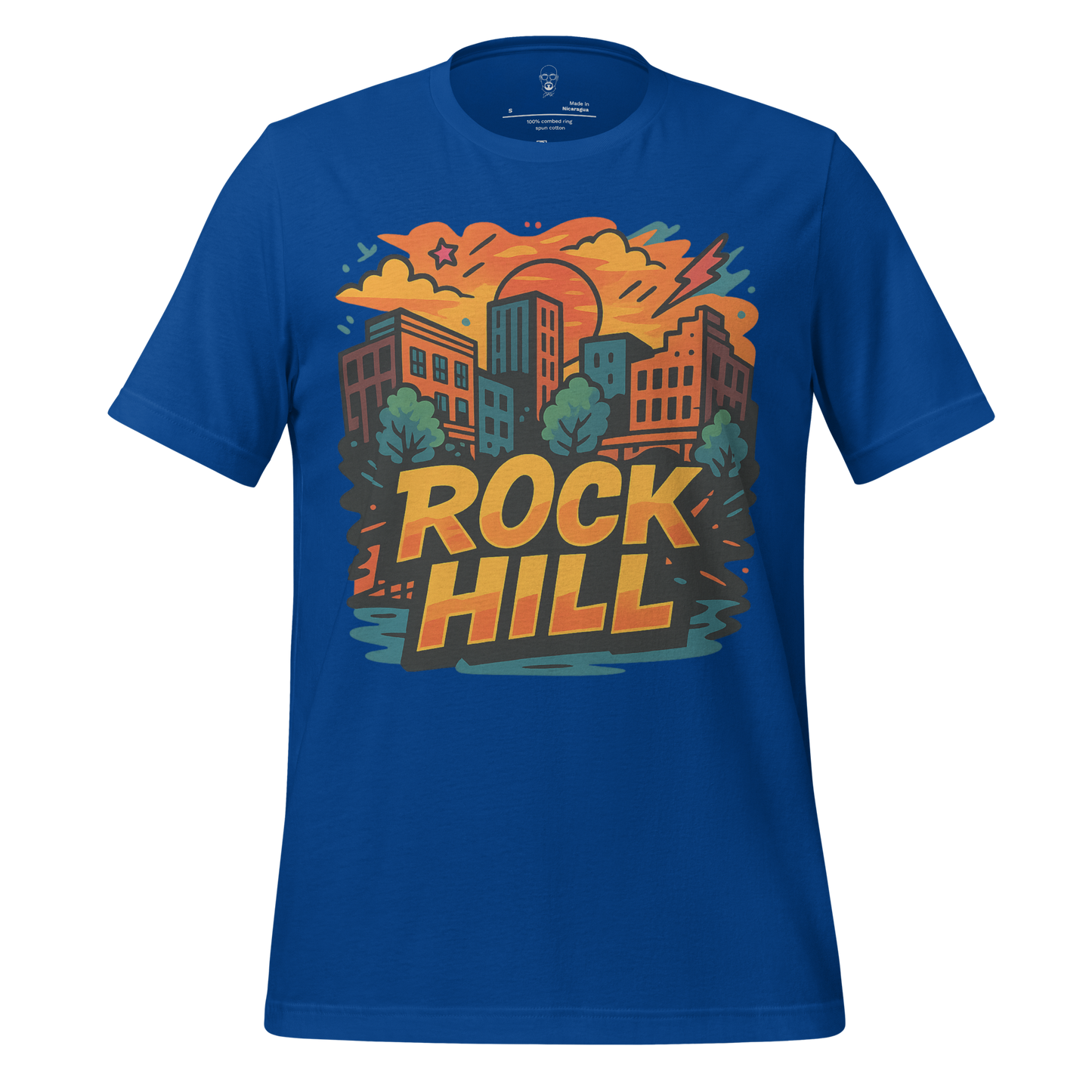 Blue Rock Hill graphic t-shirt with colorful city skyline and bold text design