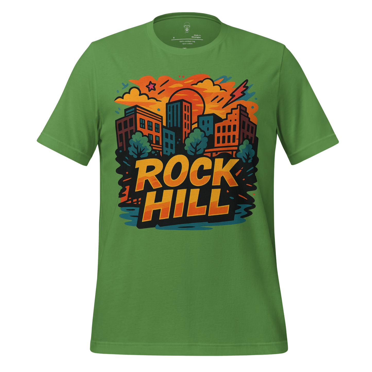 Green JMK Drip Rock Hill graphic t-shirt featuring cityscape design with bold orange and yellow text