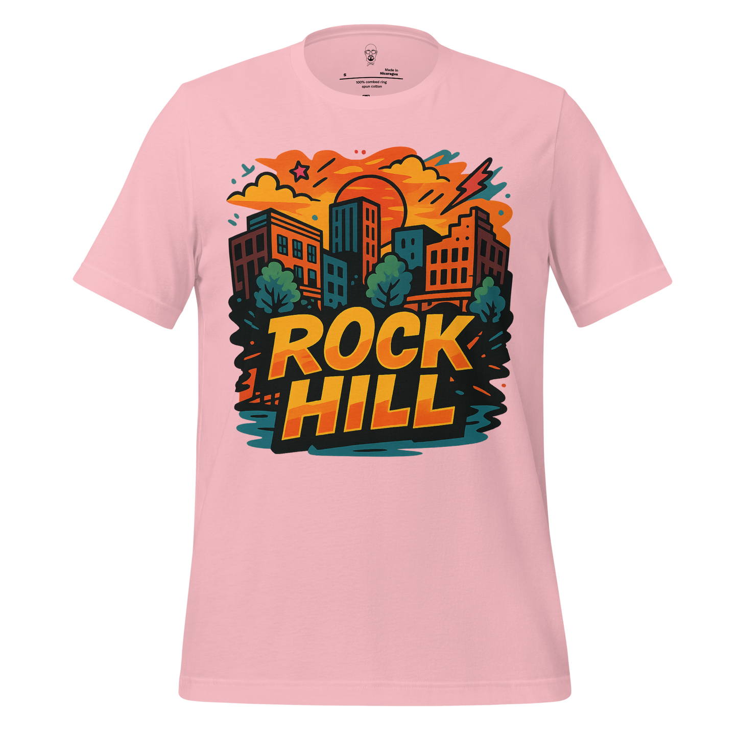 JMK Drip pink Rock Hill graphic t-shirt featuring city skyline and bold lettering