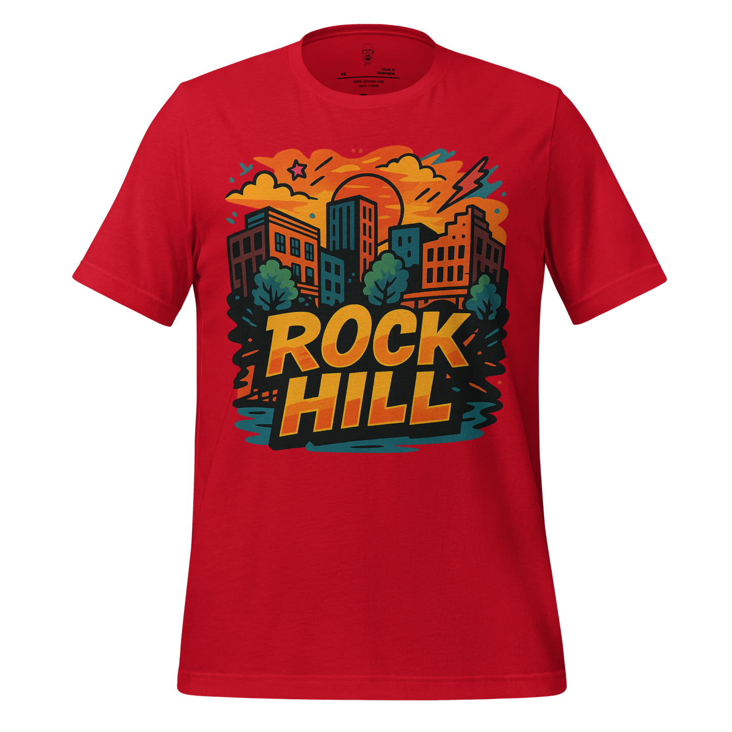 Red Rock Hill graphic t-shirt with colorful cityscape design and bold lettering