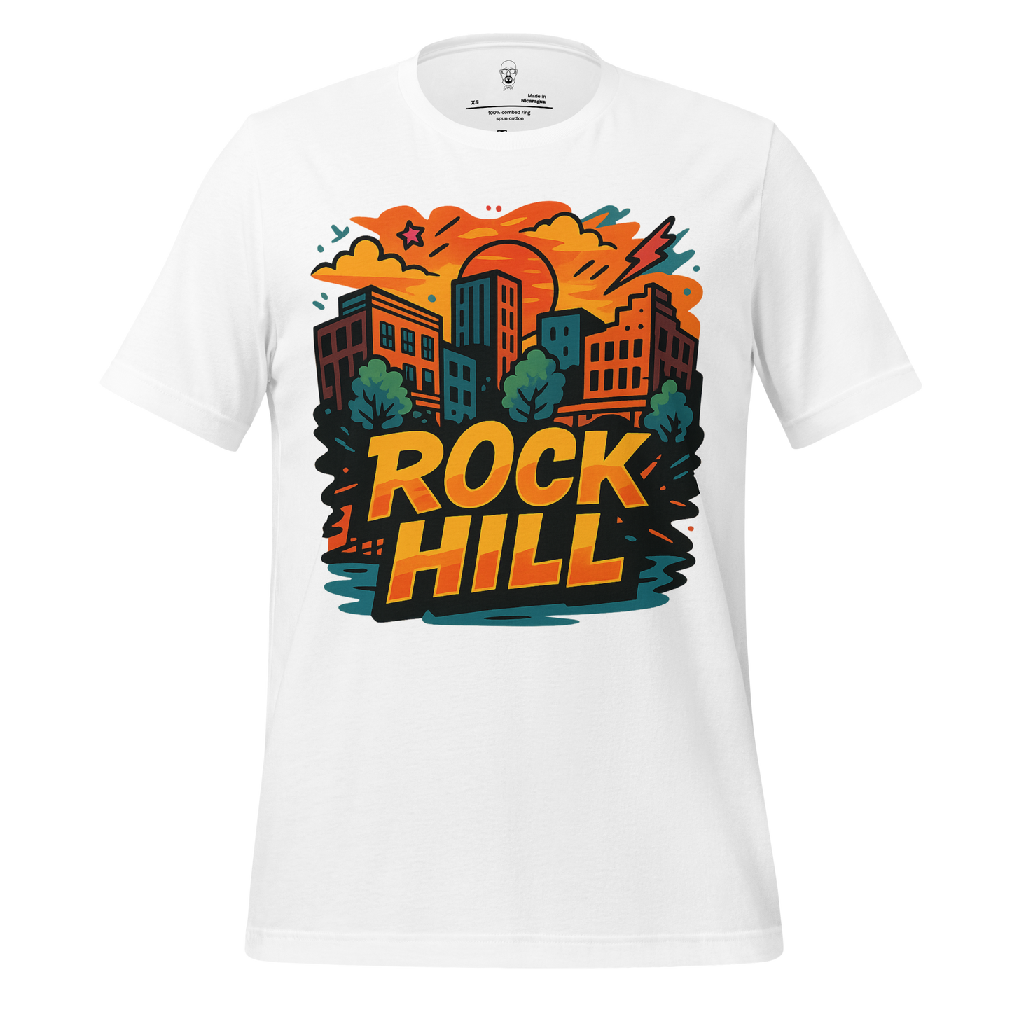 White Rock Hill graphic t-shirt by JMK Drip with colorful cityscape and bold text design