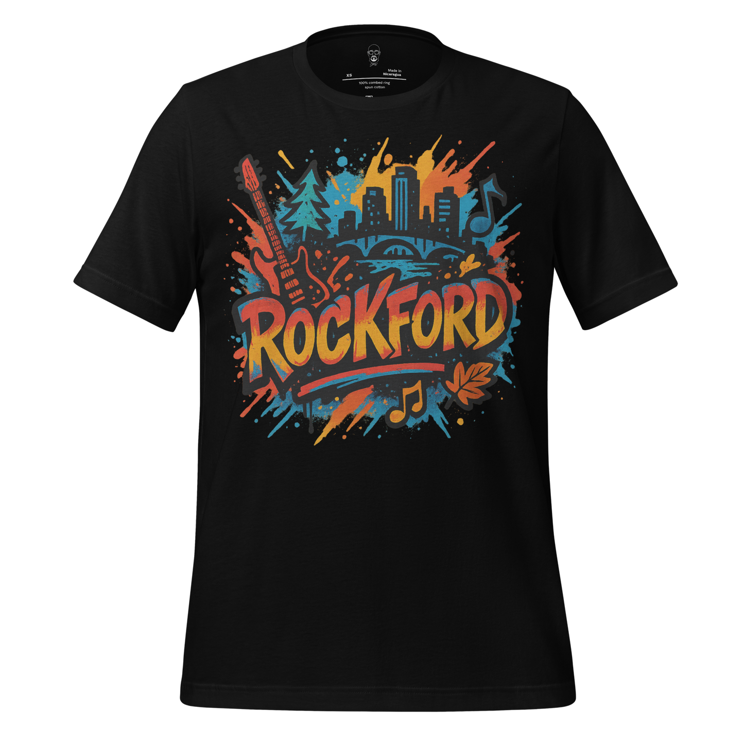 Black Rockford Graphic T-Shirt with colorful city skyline and guitar design by JMK Drip