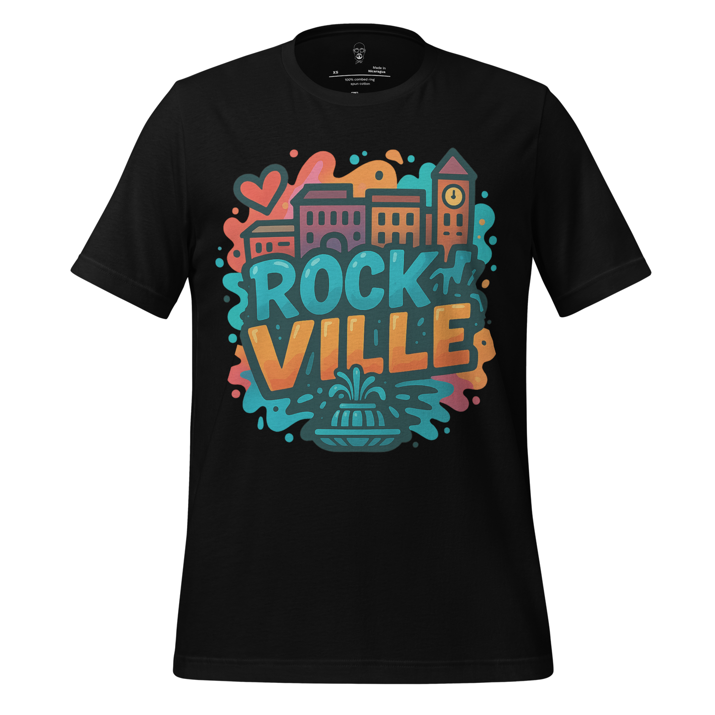 Black Rockville Graphic T-Shirt by JMK Drip featuring colorful cityscape design with clock tower and fountain