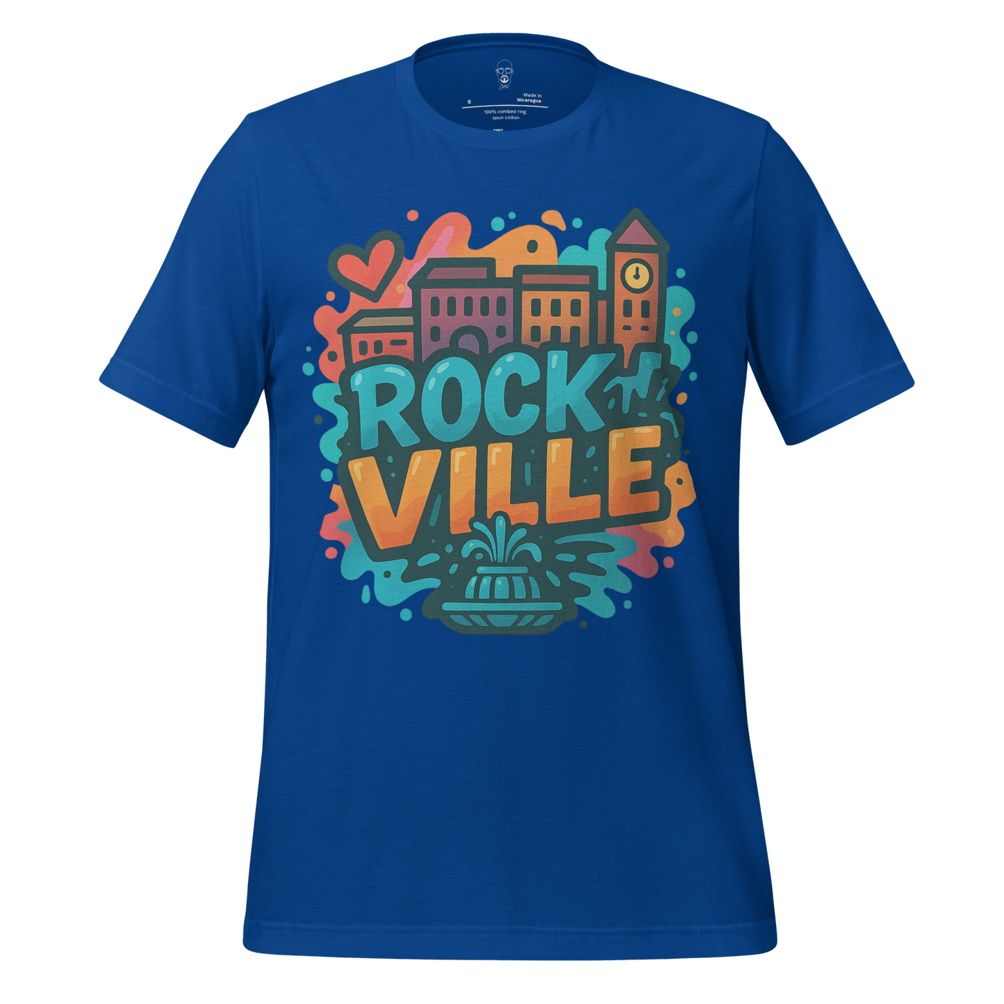 JMK Drip blue Rockville Graphic T-Shirt featuring colorful cityscape and fountain design