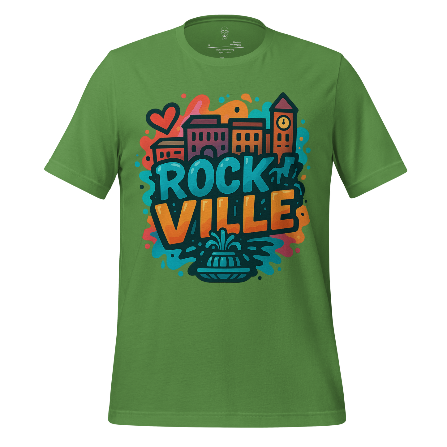 Green Rockville Graphic T-Shirt by JMK Drip featuring colorful cityscape and fountain design