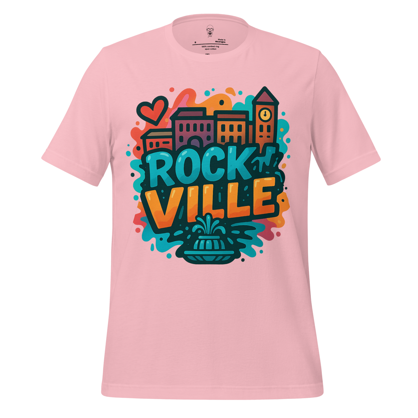Pink Rockville Graphic T-Shirt by JMK Drip featuring colorful cityscape and bold text design