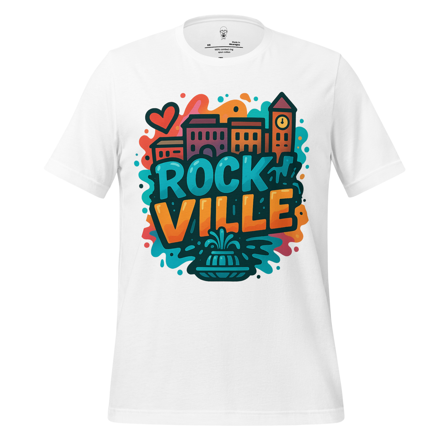 White Rockville Graphic T-Shirt by JMK Drip with colorful cityscape and heart design