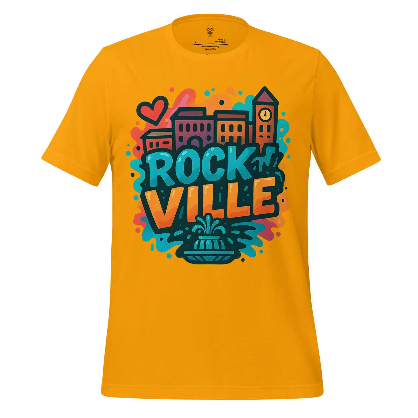 JMK Drip Rockville Graphic T-Shirt in bright yellow with colorful cityscape and Rockville text design
