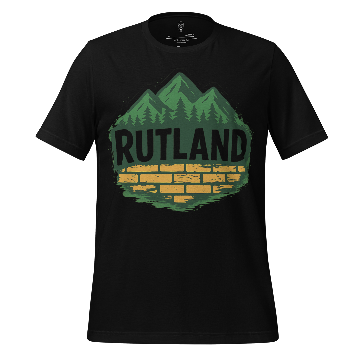 Black Rutland graphic t-shirt with green mountains and yellow brick design by JMK Drip