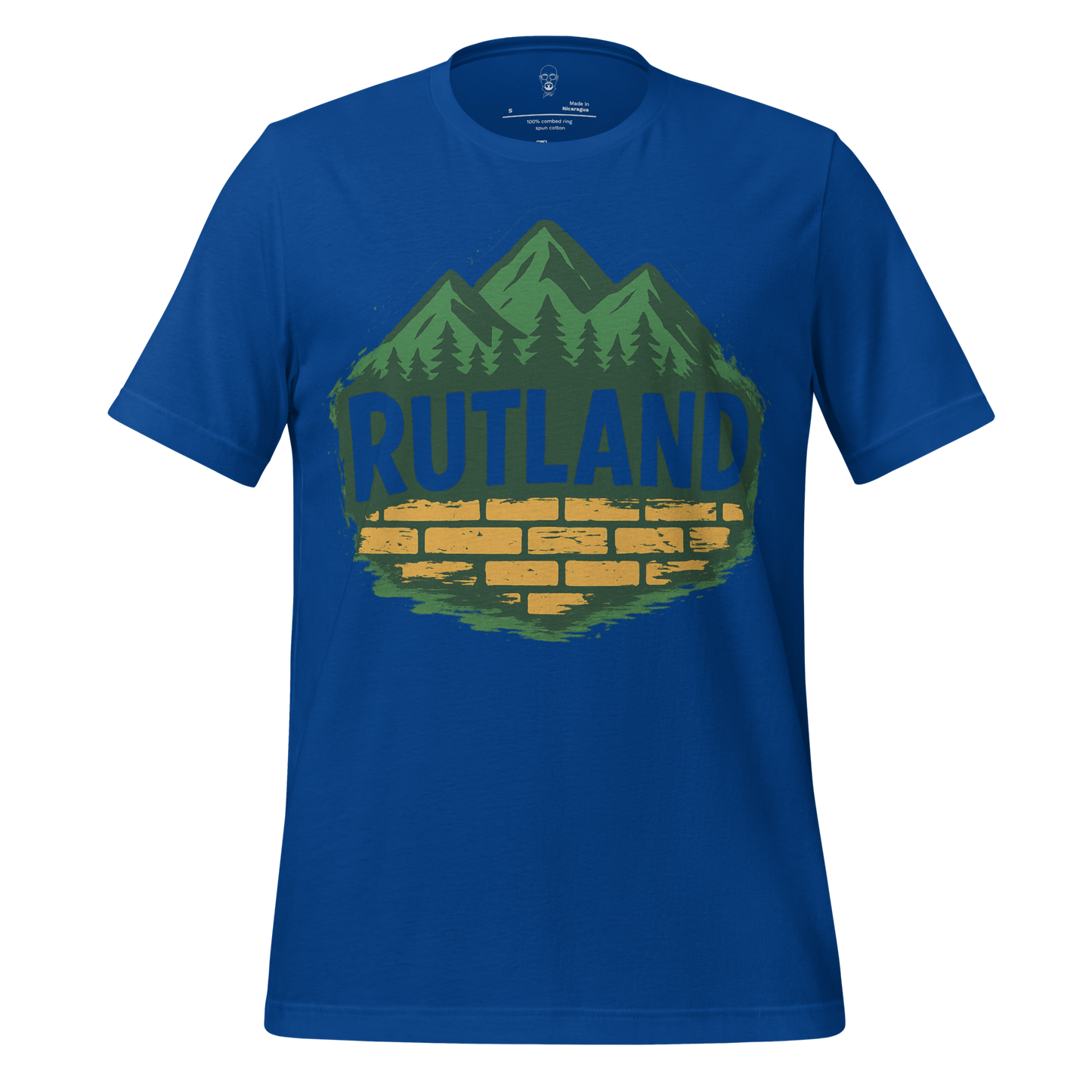 Blue Rutland graphic t-shirt with mountain and pine tree design over rustic brick wall