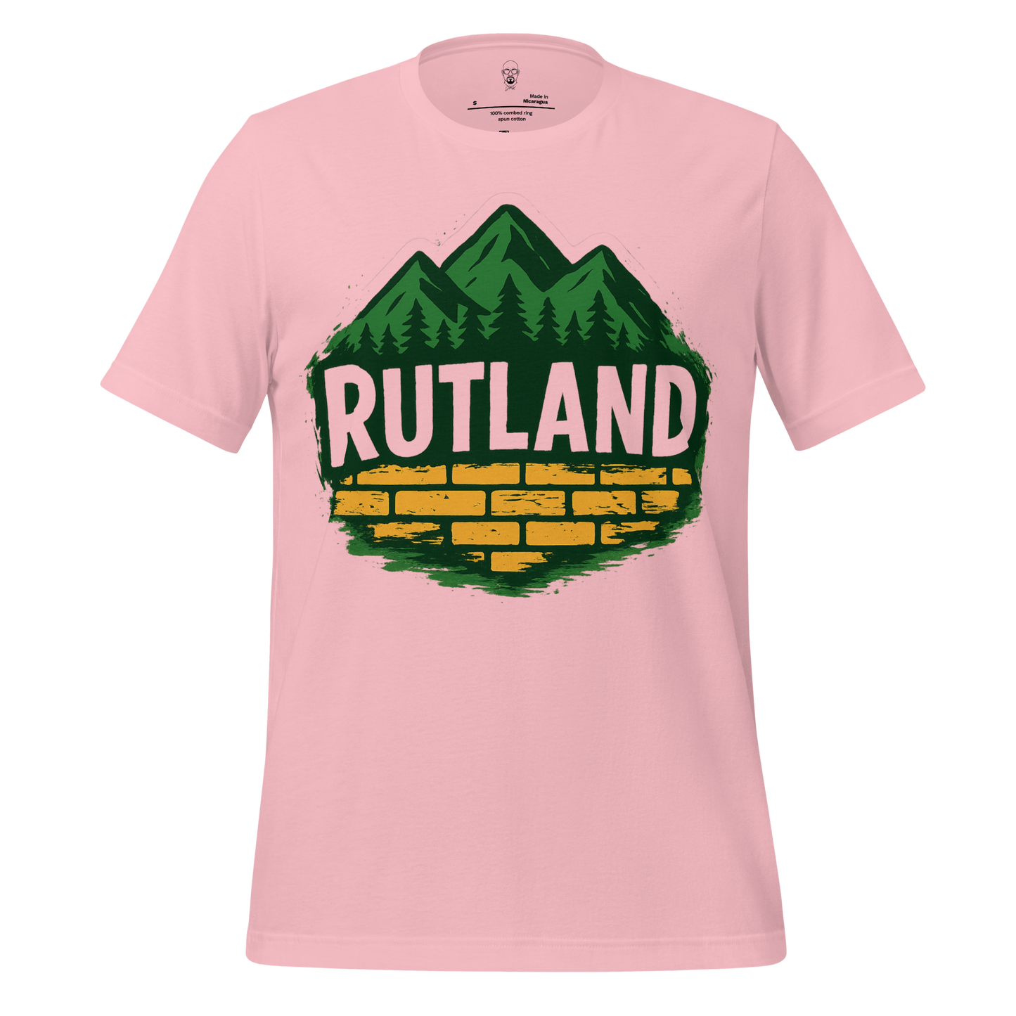 Pink Rutland graphic t-shirt with green mountain and yellow brick wall design by JMK Drip