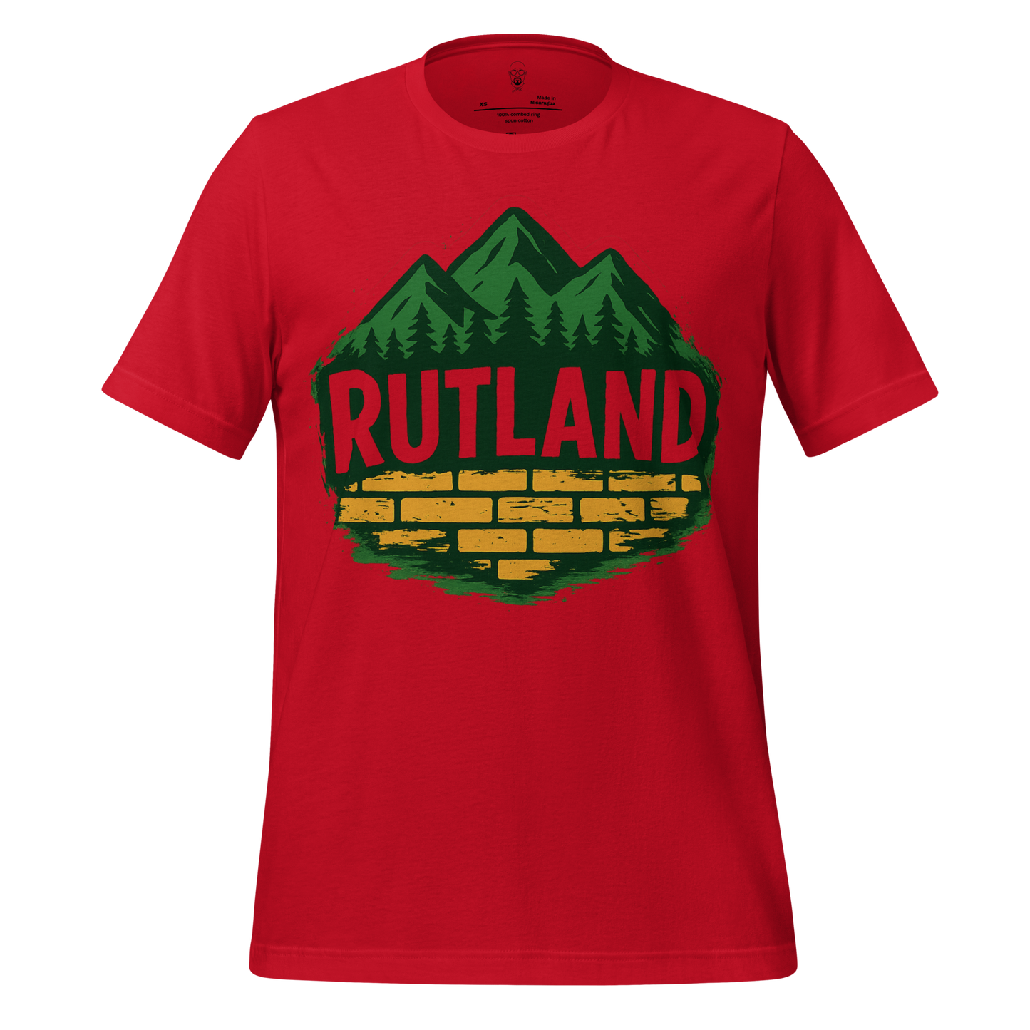JMK Drip red Rutland graphic t-shirt featuring green mountains and yellow brick design