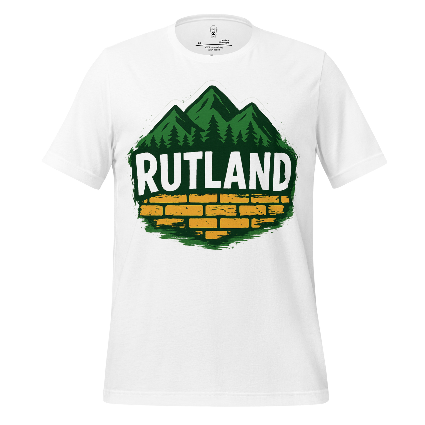 White Rutland graphic t-shirt with green mountains and yellow brick wall design by JMK Drip
