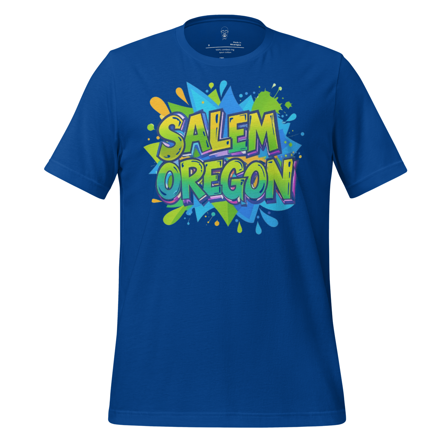 JMK Drip Salem Oregon graphic t-shirt in blue with colorful graffiti style text design
