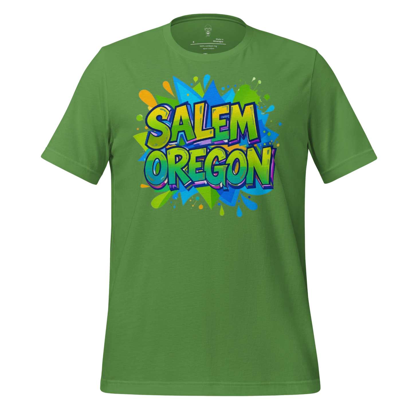 Green Salem Oregon graphic t-shirt by JMK Drip with colorful splash design and bold lettering