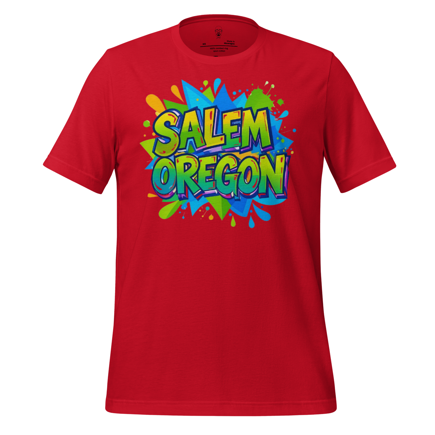 Red Salem Oregon graphic t-shirt with colorful graffiti style design by JMK Drip