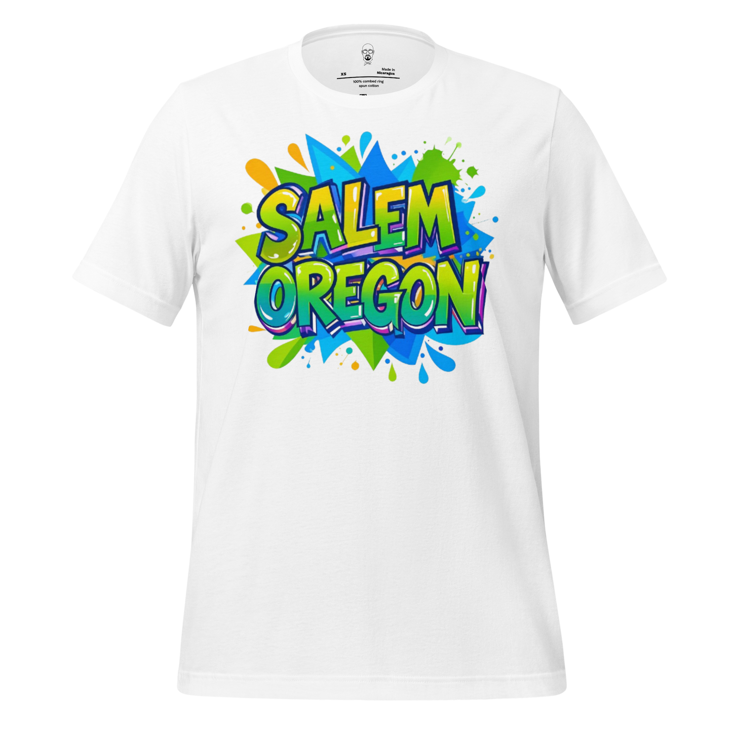 White Salem Oregon graphic t-shirt with colorful graffiti-style design by JMK Drip