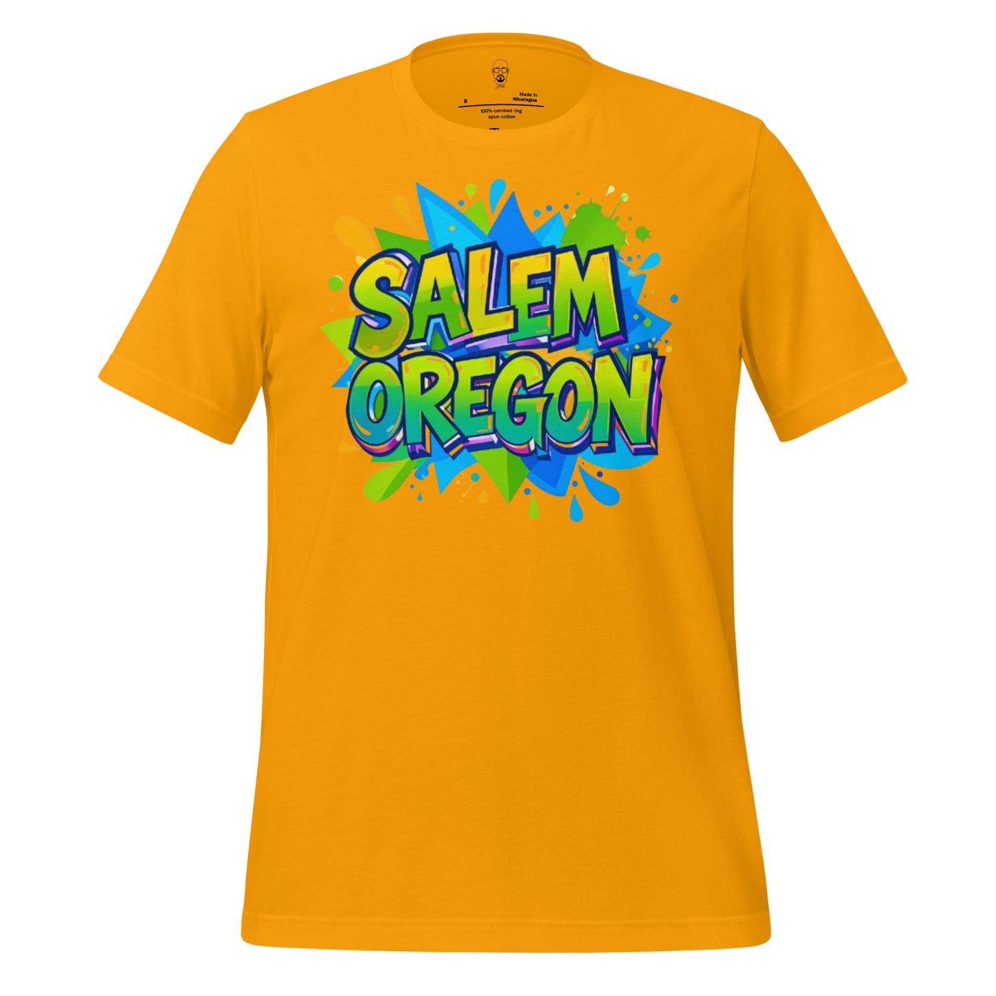 JMK Drip Salem Oregon graphic t-shirt in yellow with colorful graffiti style design