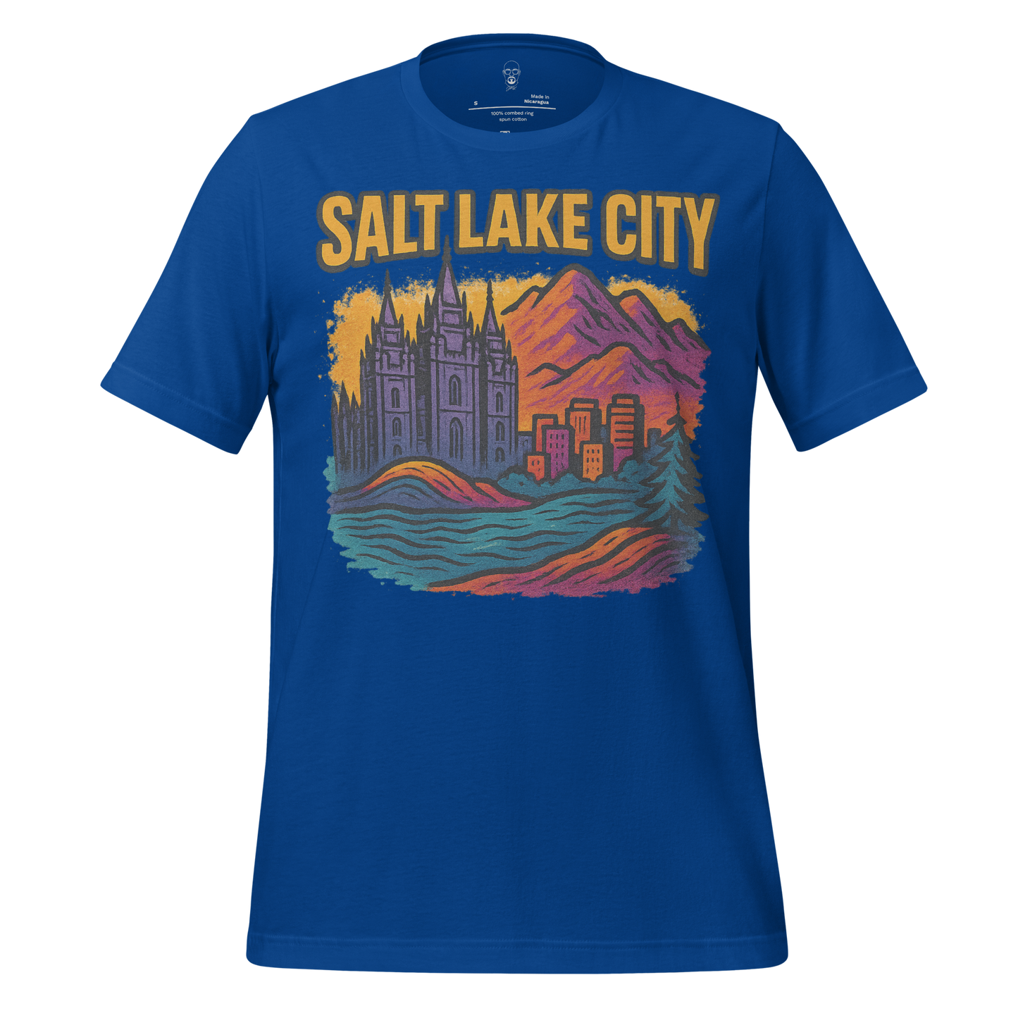 Blue Salt Lake City graphic t-shirt featuring mountain and cityscape design by JMK Drip