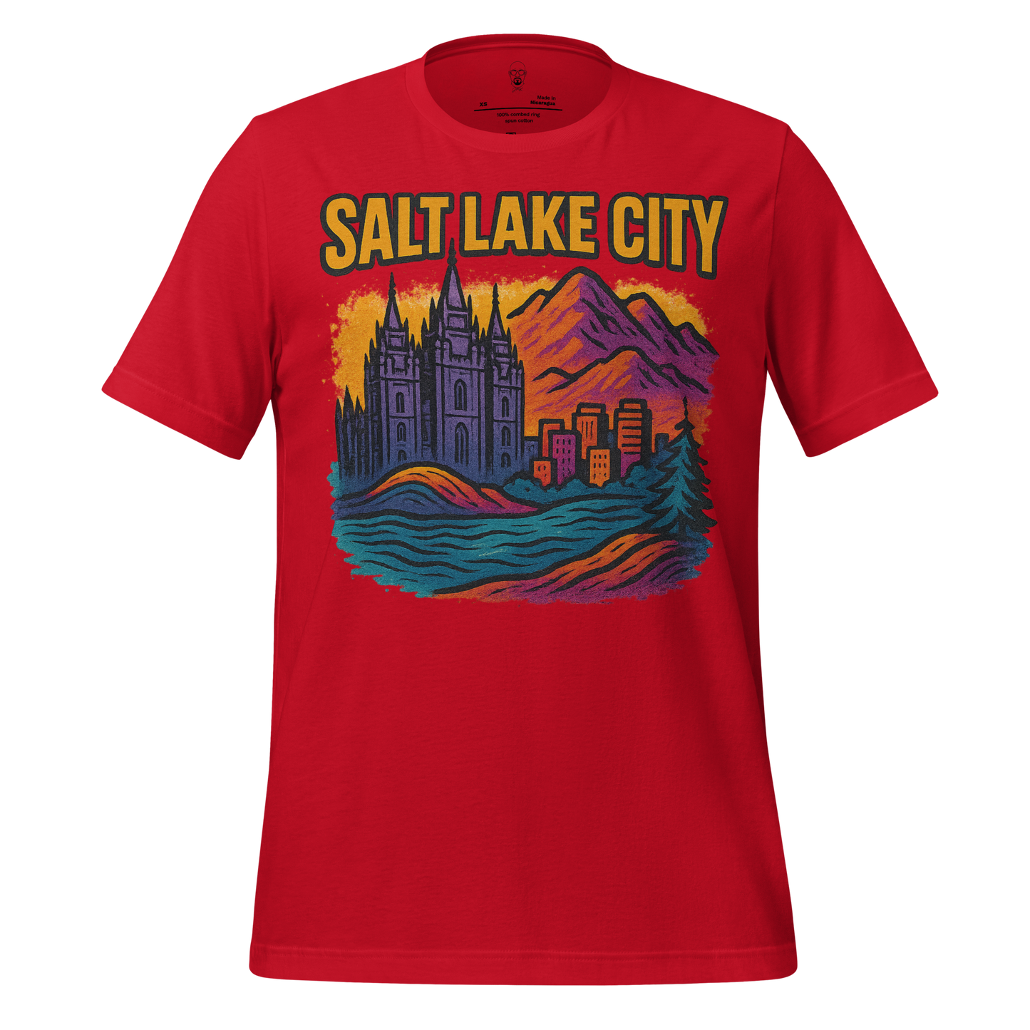 Red Salt Lake City graphic t-shirt with colorful cityscape and mountain design by JMK Drip