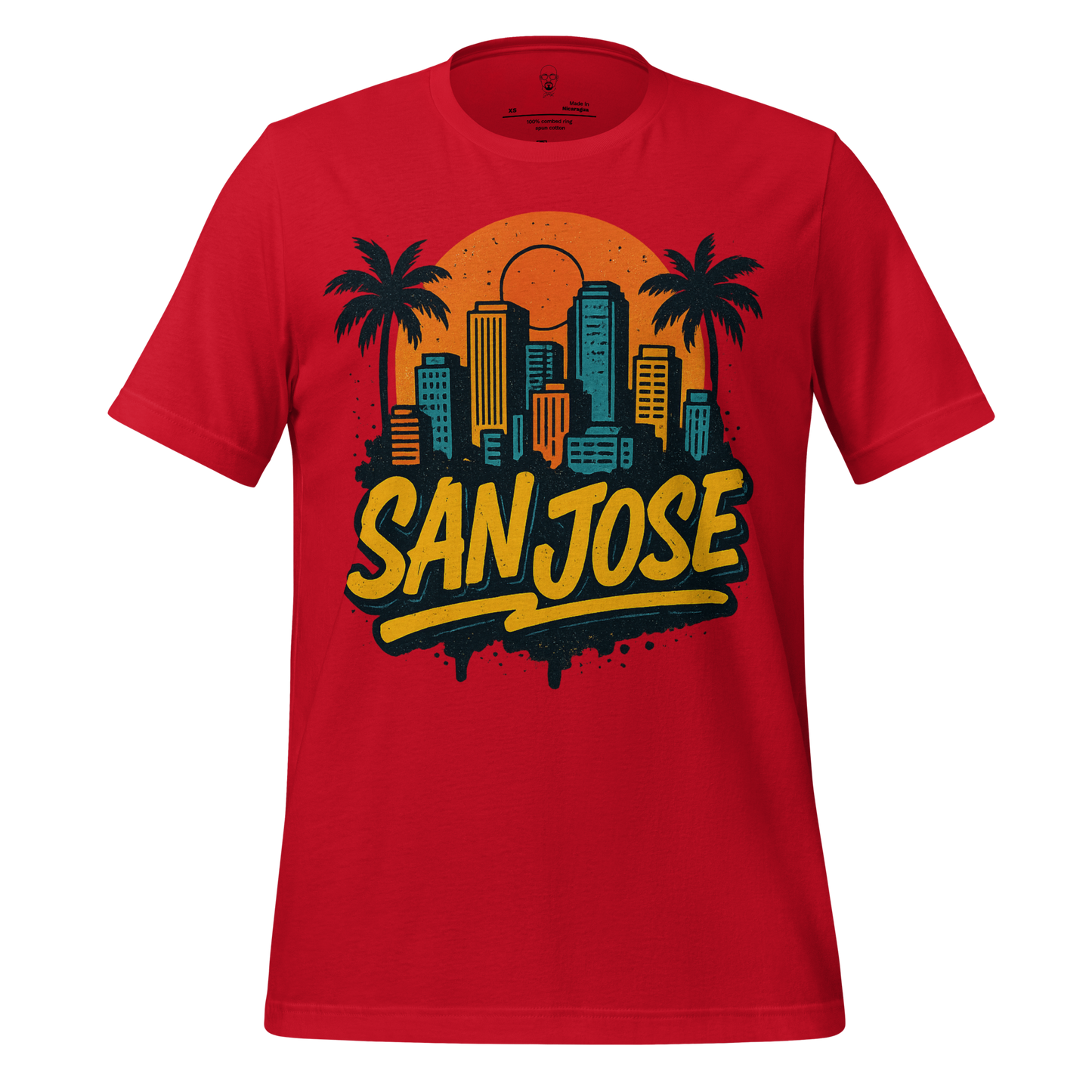 Red San Jose Graphic T-Shirt by JMK Drip featuring city skyline and palm tree design