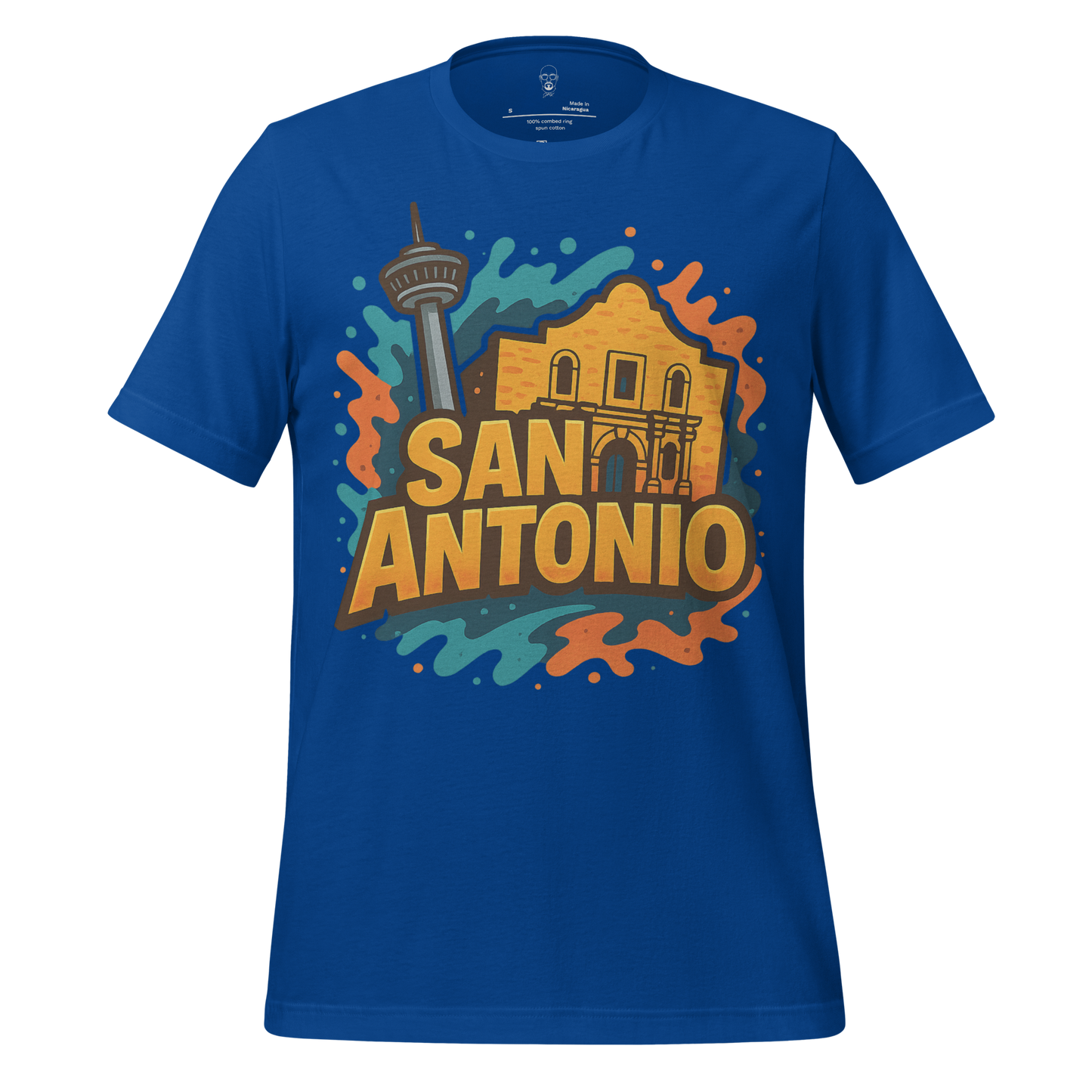Blue San Antonio graphic t-shirt with colorful Alamo and Tower of the Americas design