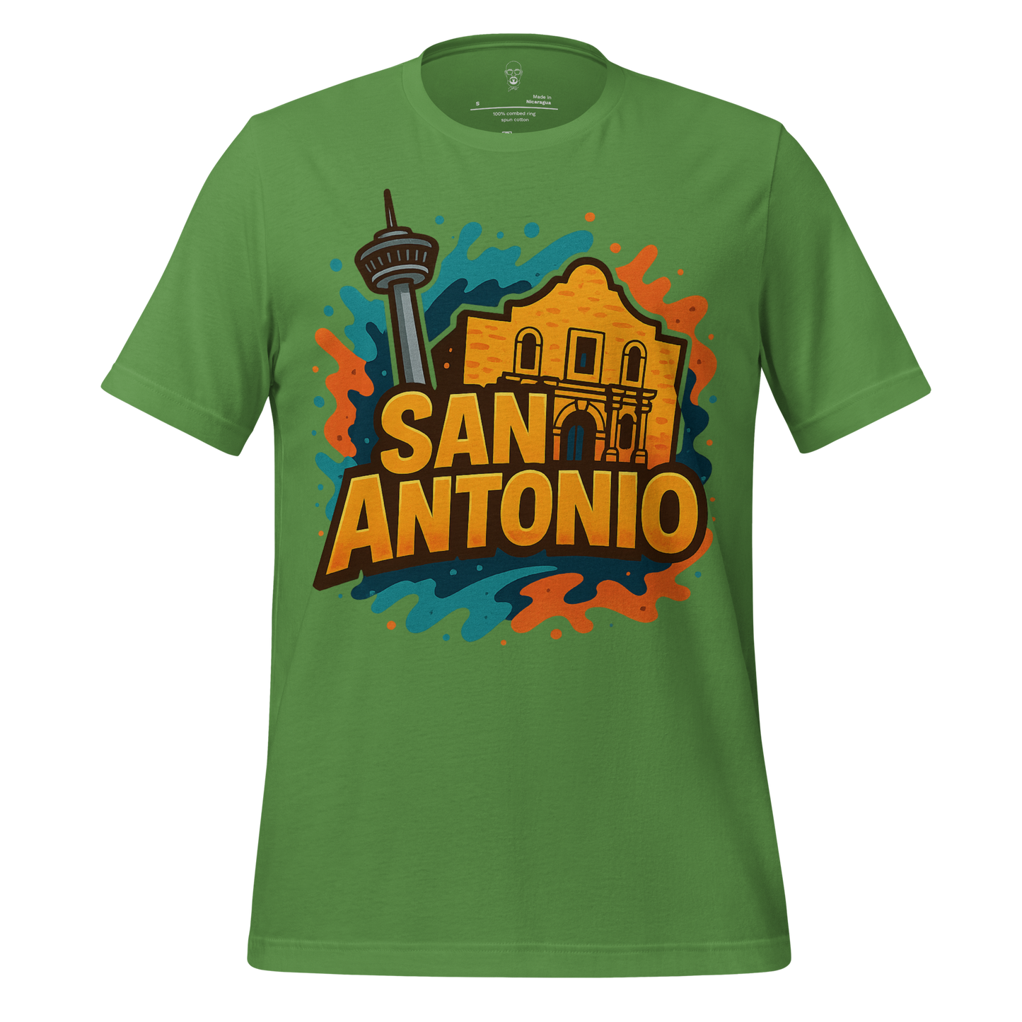 Green San Antonio graphic t-shirt featuring colorful Alamo and Tower of the Americas design