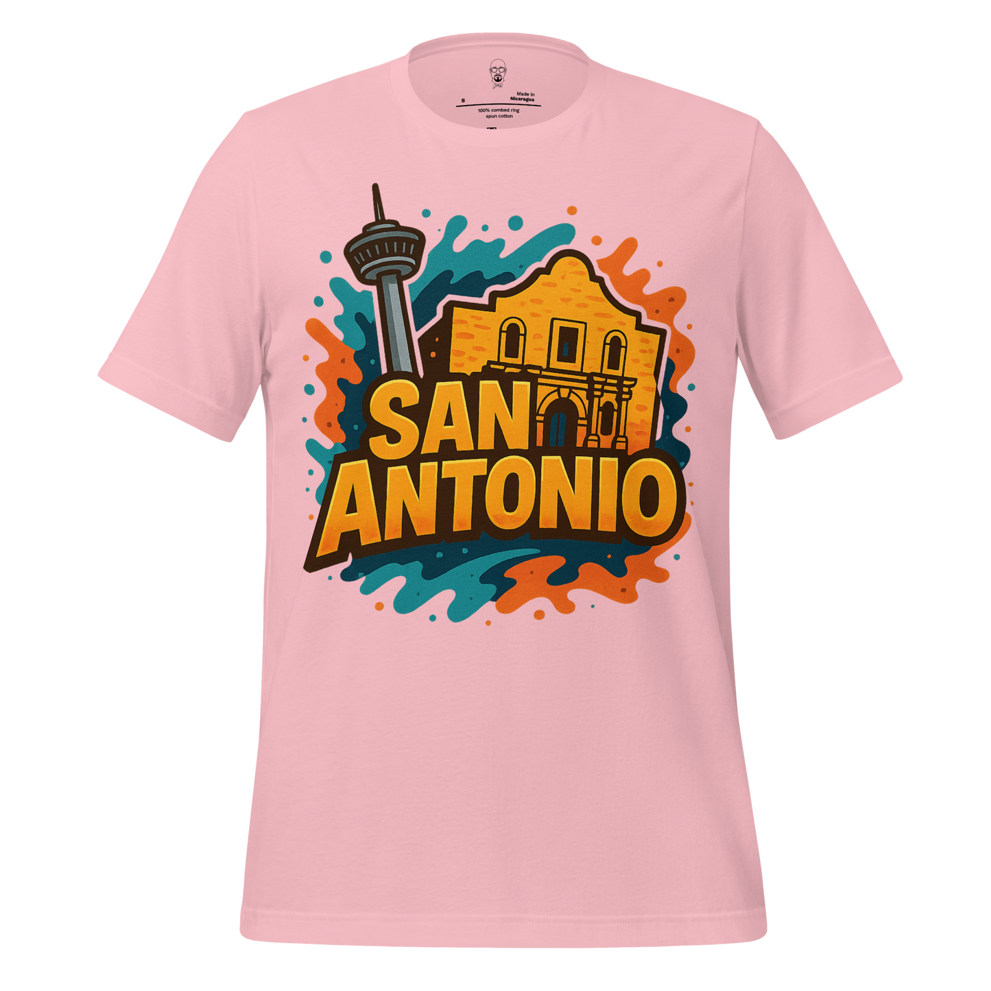 JMK Drip pink San Antonio graphic t-shirt with colorful Alamo and Tower of the Americas design