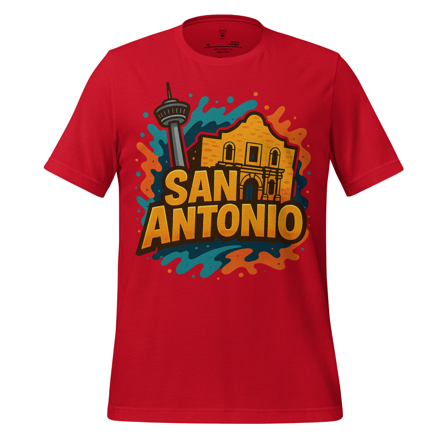 Red San Antonio graphic t-shirt featuring Alamo and Tower of the Americas design by JMK Drip