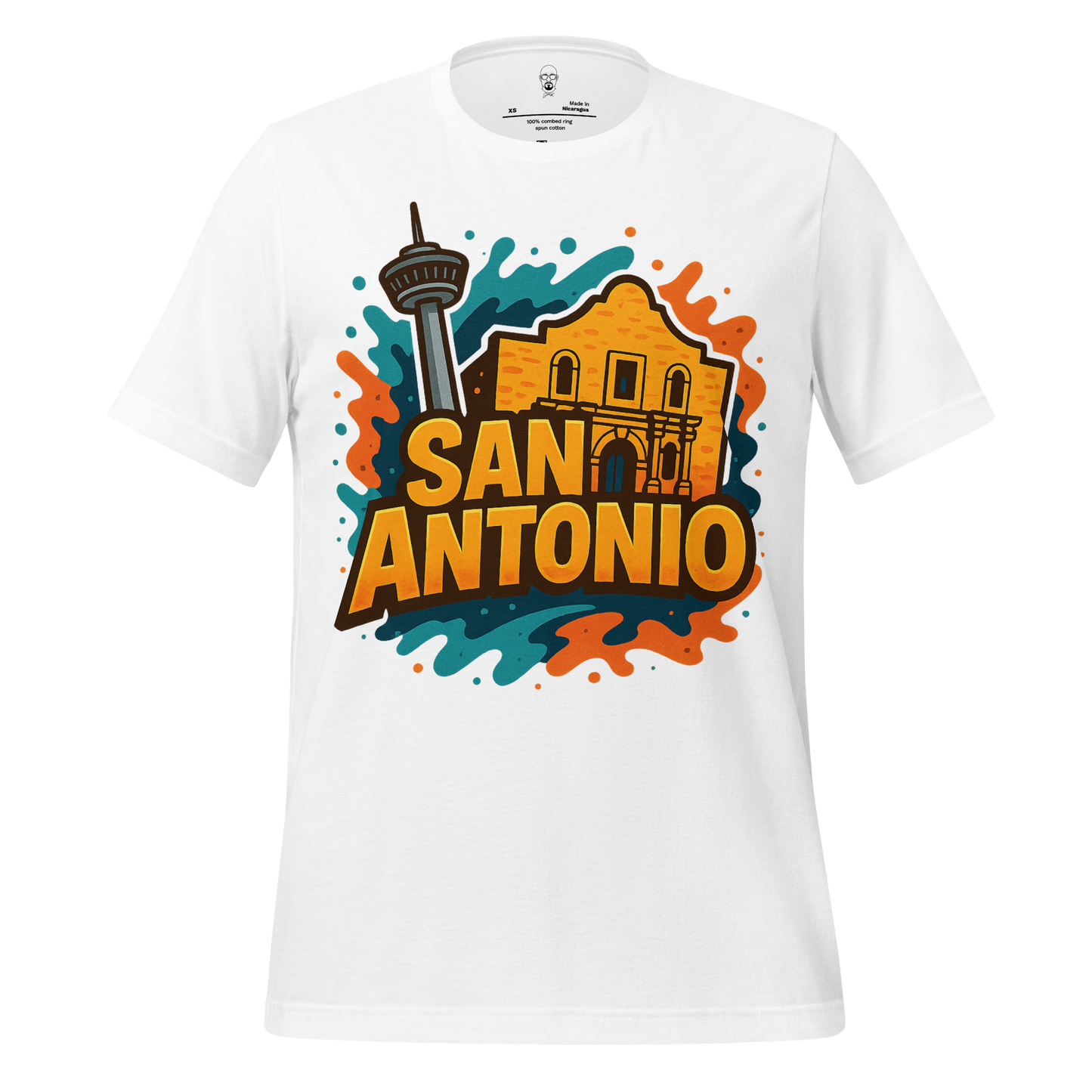 JMK Drip San Antonio graphic t-shirt with colorful Alamo and tower design on white cotton