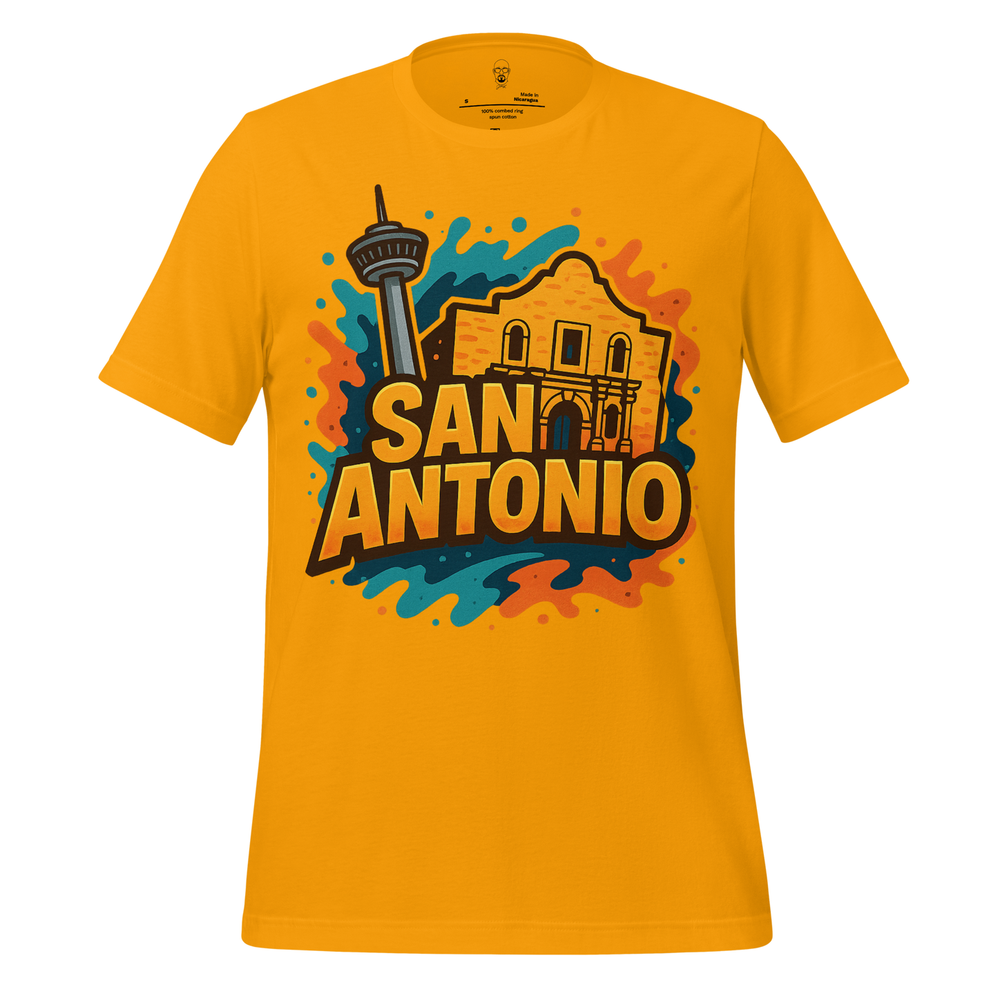 Yellow San Antonio graphic t-shirt featuring city landmarks with colorful splash design