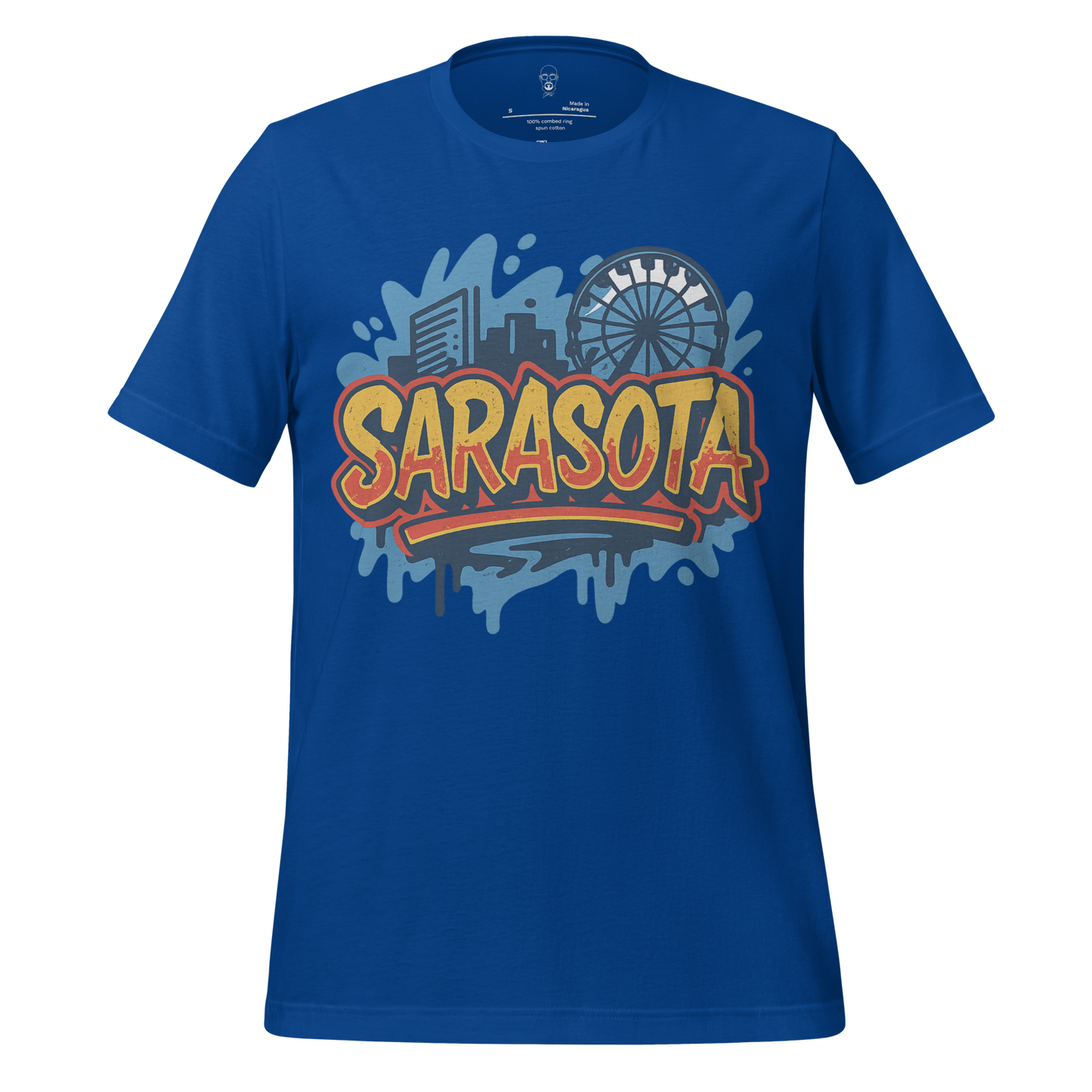 Blue Sarasota Graphic T-Shirt with city skyline and Ferris wheel design from My Store